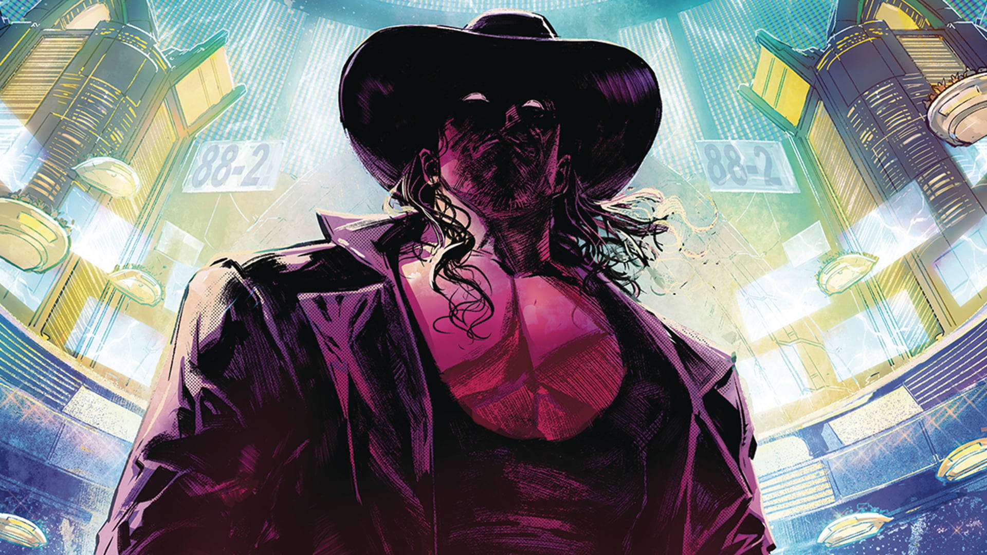 The Undertaker, comics drawing, neon-lit futuristic cityscape, Full HD Desktop Wallpaper