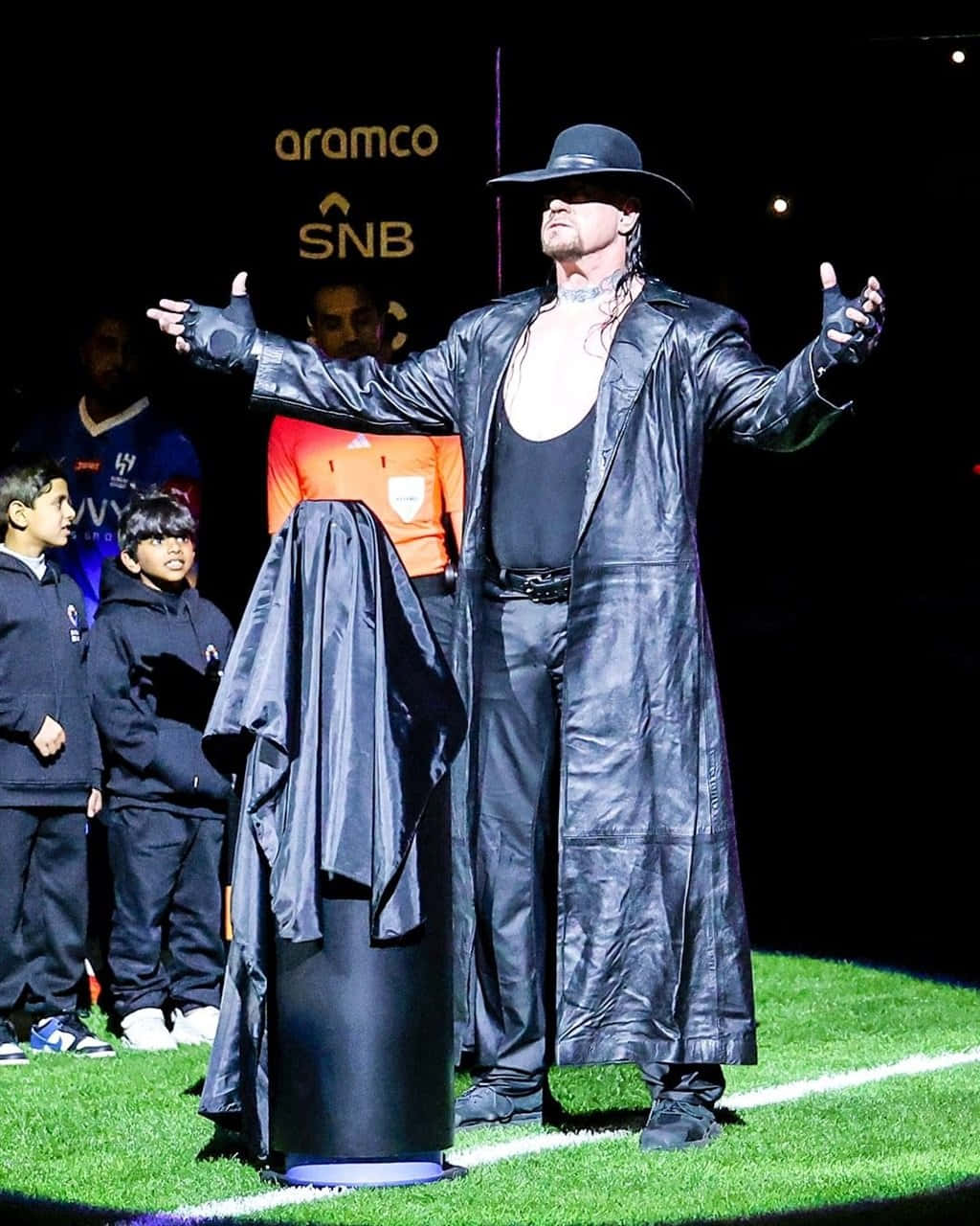 The Undertaker, black leather trench coat, wide-brimmed hat, HD Phone Wallpaper