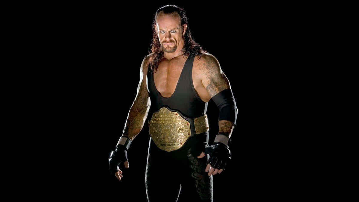 WWE Undertaker, black wrestling outfit, gold championship belt, SD Desktop Wallpaper