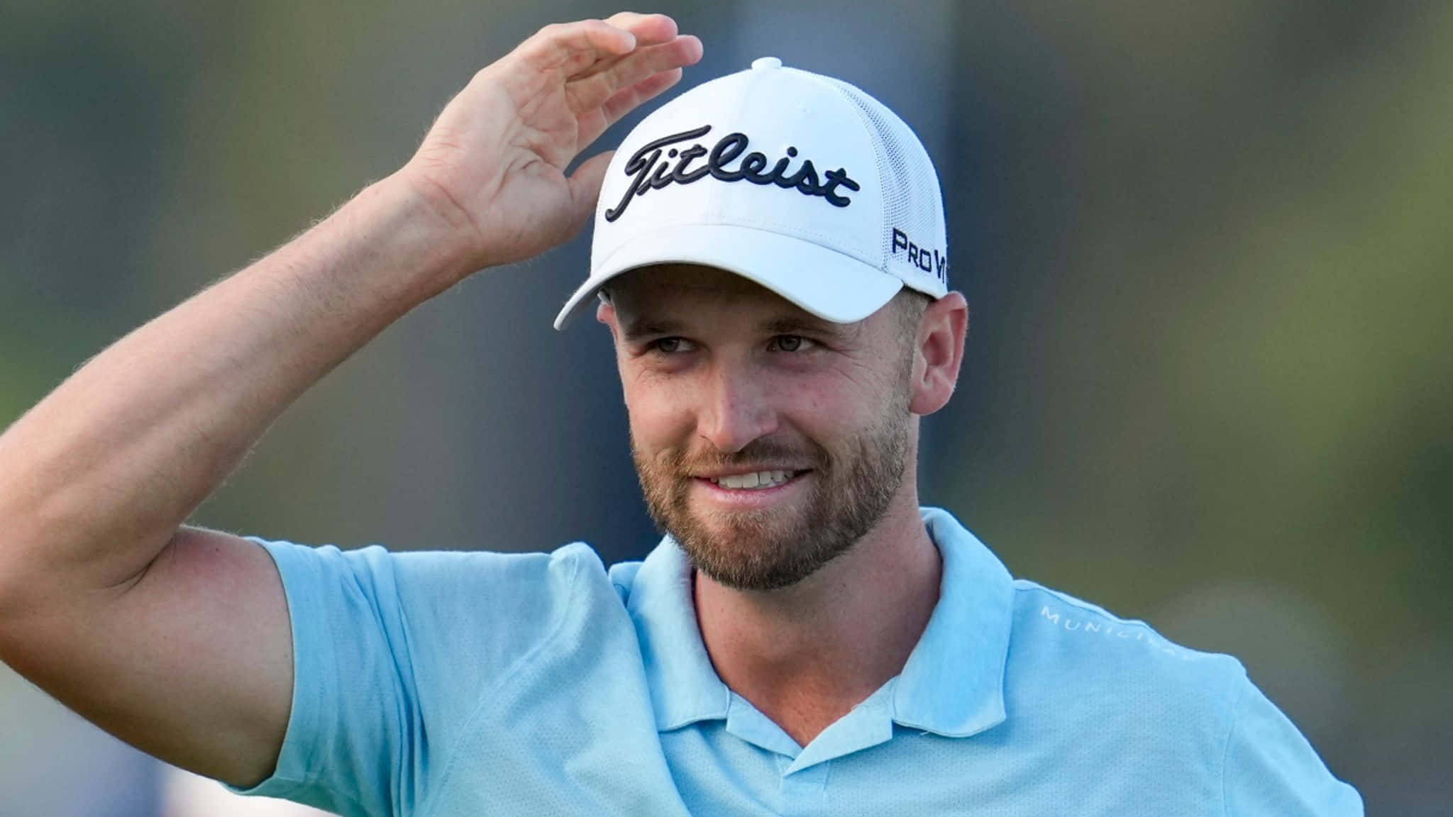 Wyndham Clark, light blue polo, white Titleist cap, Full HD Desktop Wallpaper