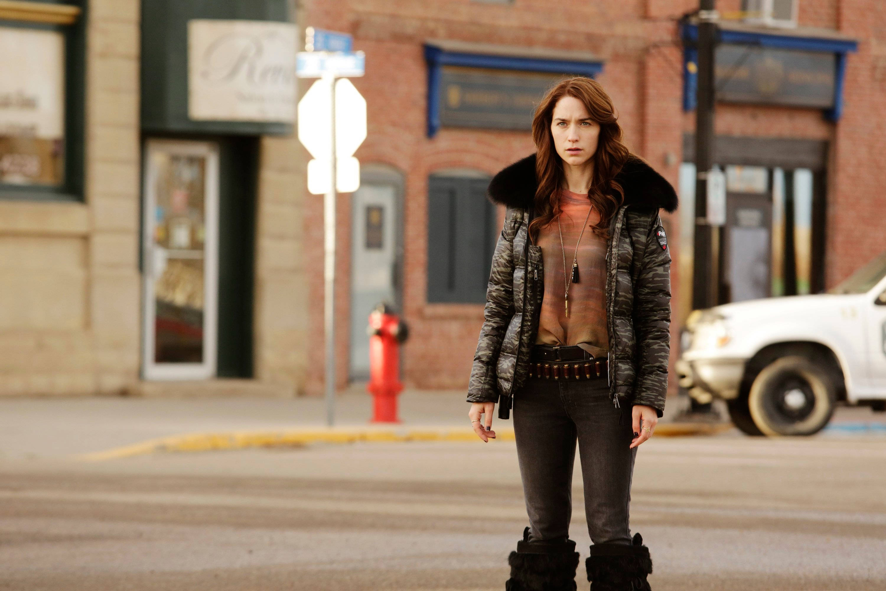 Wynonna Earp, fur-lined jacket, quiet urban street, 2K Desktop Wallpaper