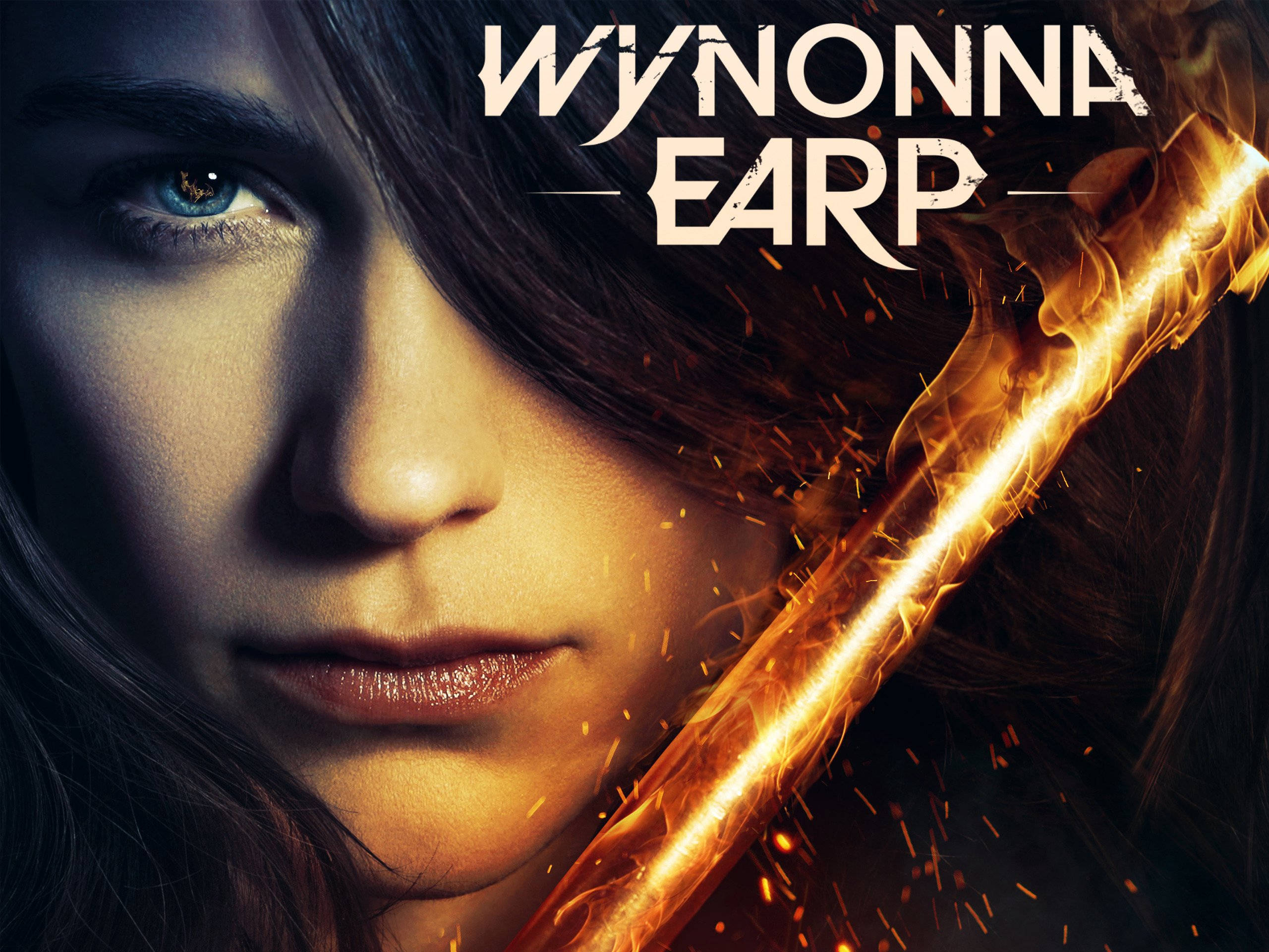 Wynonna Earp, glowing blue eyes, flaming staff, 2K Desktop Wallpaper