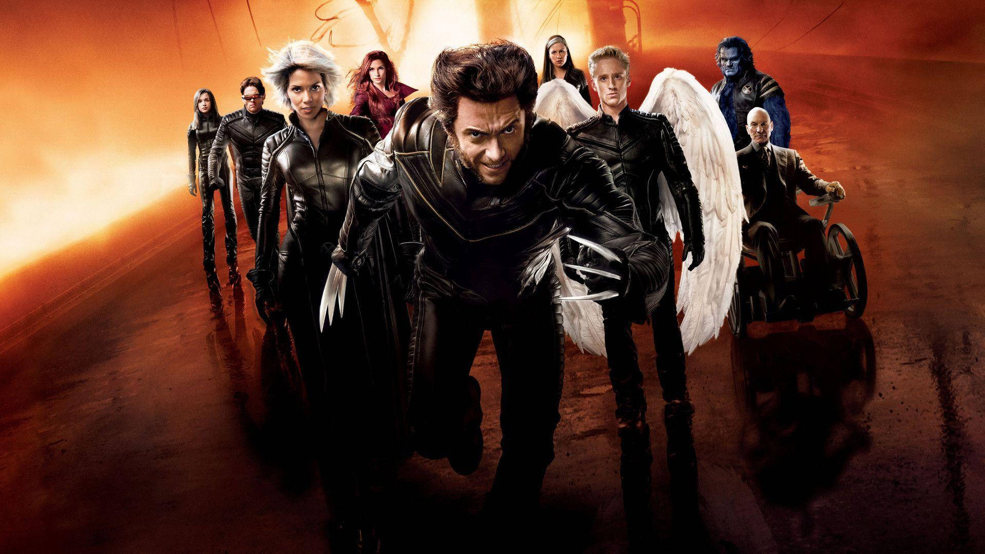 X-Men, black leather suits, fiery orange backdrop, Full HD Desktop Wallpaper