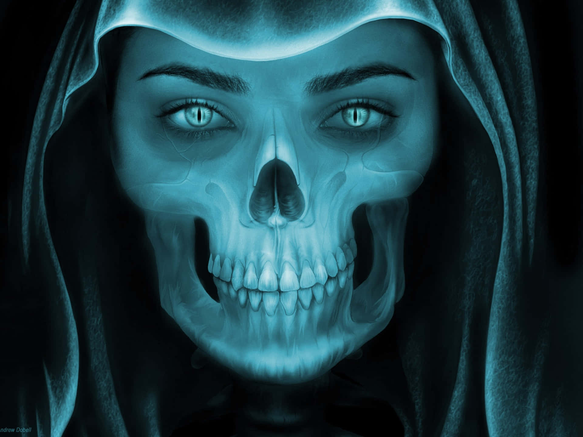 X Ray, blue hooded robe, glowing blue skull face, Full HD Desktop Wallpaper