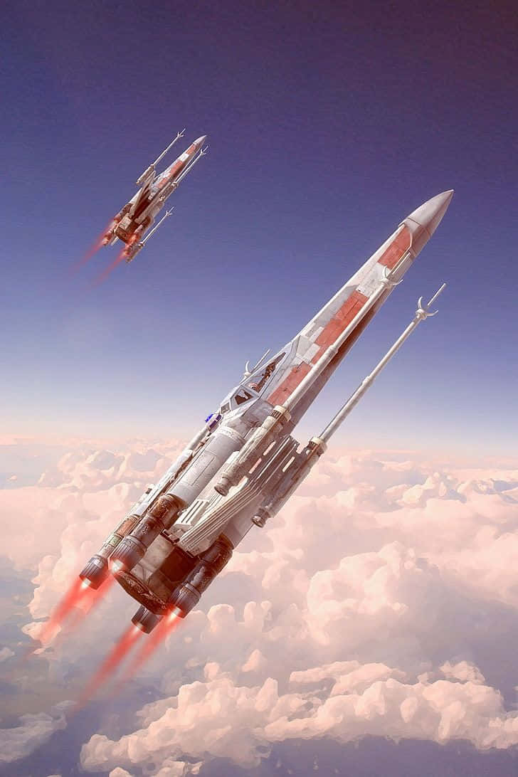 X-wing Fighter, fluffy clouds, fiery red engines, SD Phone Wallpaper