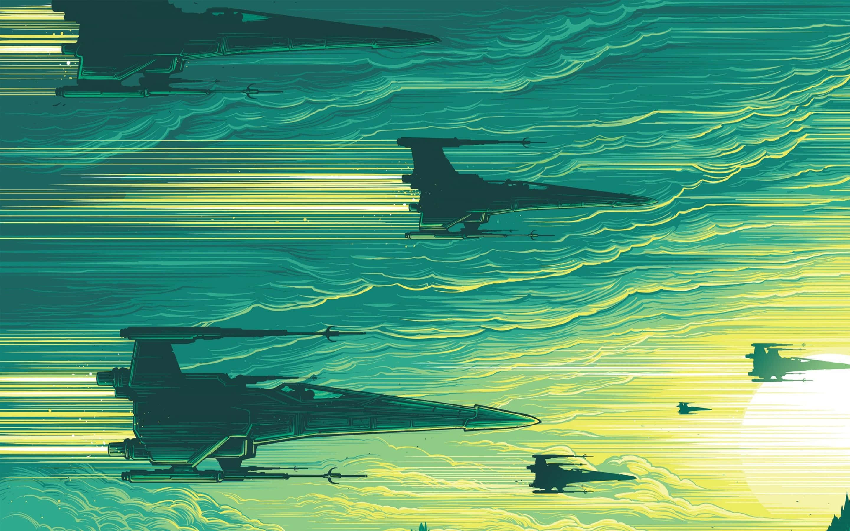 X-wing Fighter, teal, yellow, 2K Desktop Wallpaper