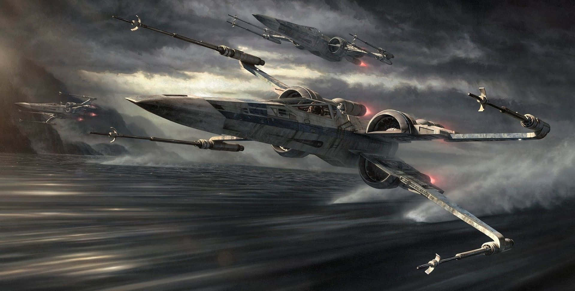 X-wing Fighter, stormy ocean waves, dark cloudy sky, Full HD Desktop Wallpaper