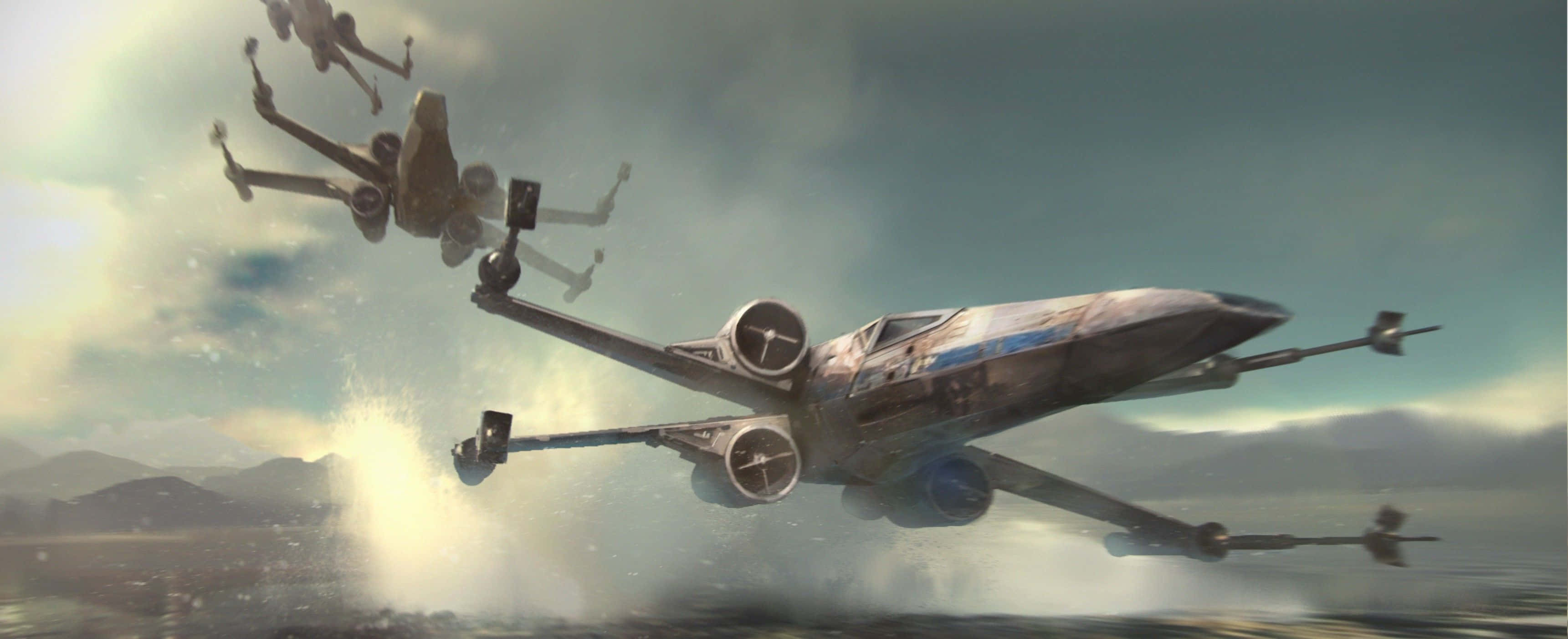 X-wing Fighter, cloudy sky, misty planet surface, 2K Desktop Wallpaper