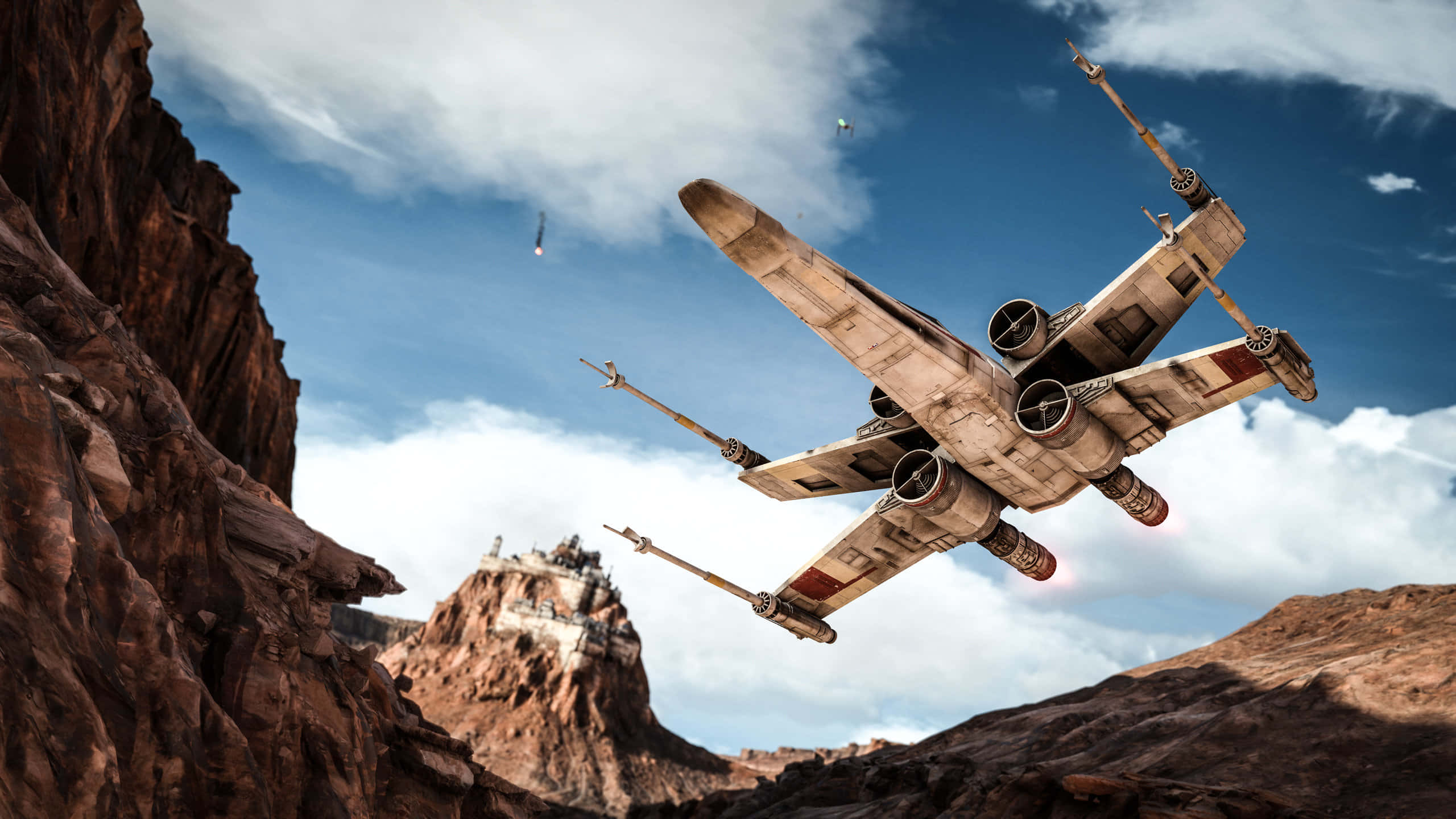 X-wing Fighter, canyon, bright blue sky, 2K Desktop Wallpaper
