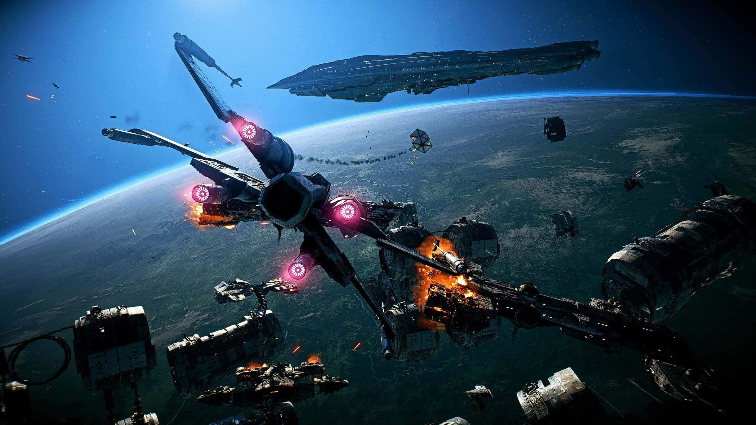 X-wing Fighter, starfighters, massive cruiser, 2K Desktop Wallpaper