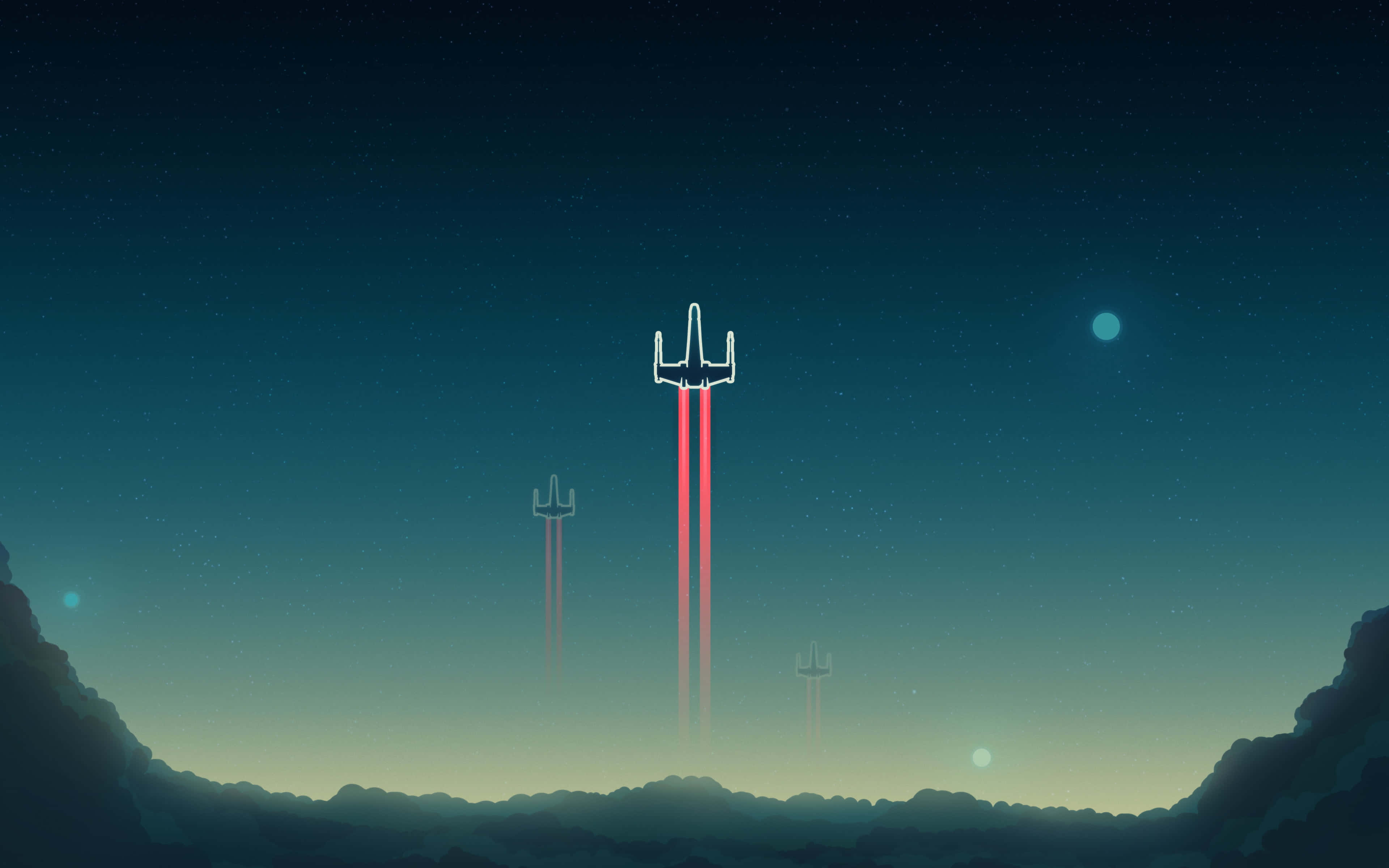 X-wing Fighter, starry twilight sky, silhouetted mountain range, 4K Desktop Wallpaper
