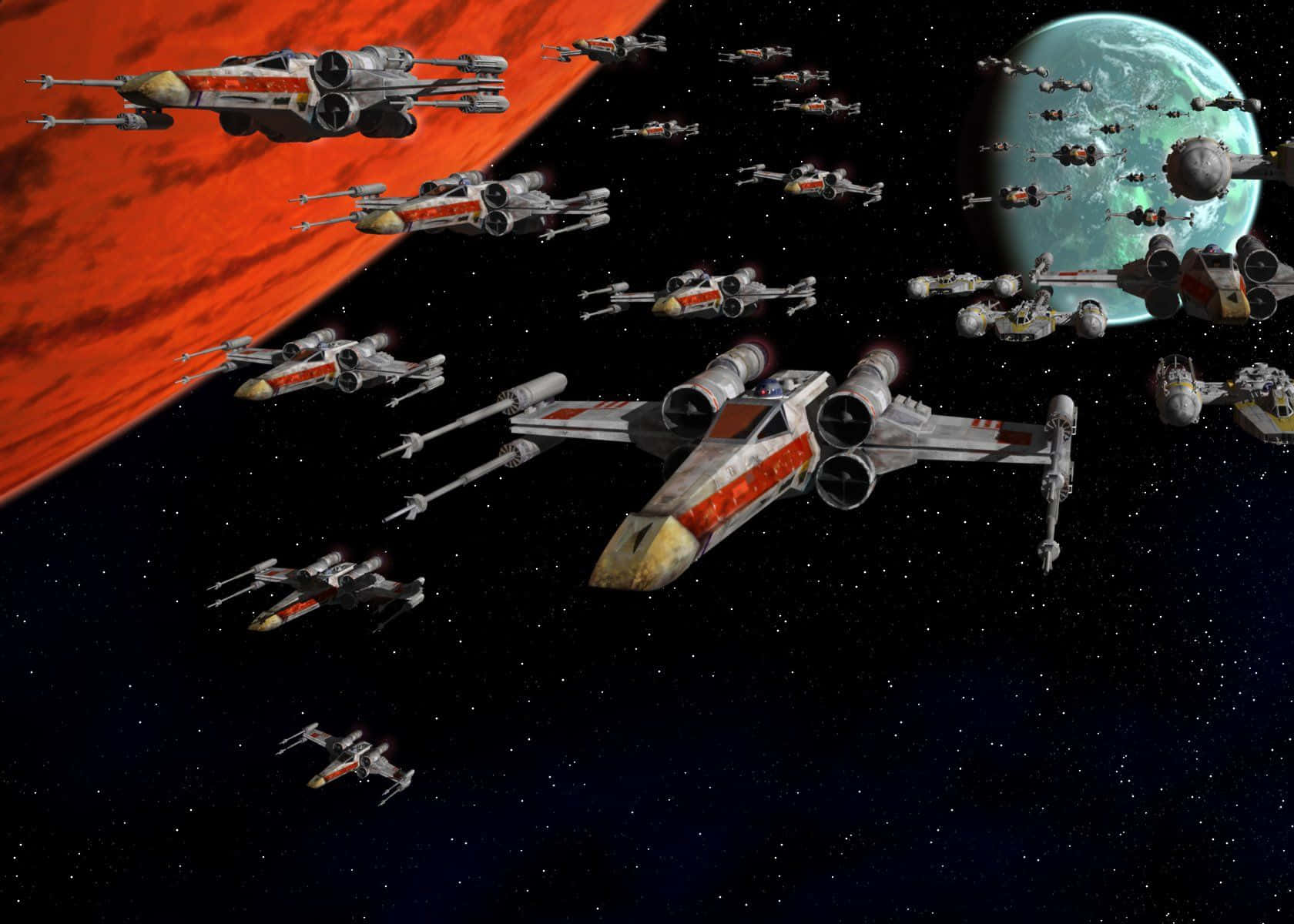 X-wing Fighter, red planet, blue-green planet, HD Desktop Wallpaper