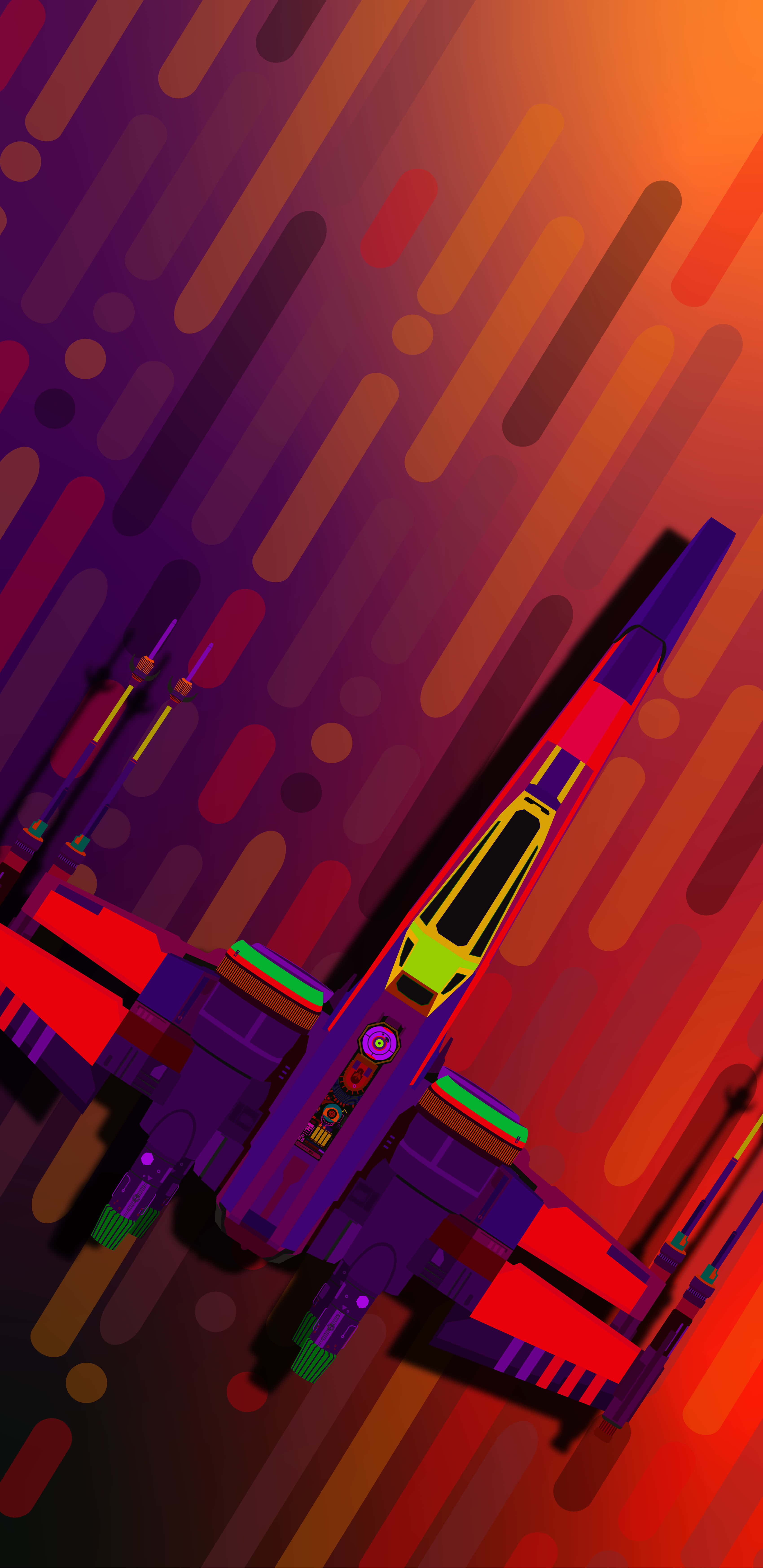 X-Wing Fighter, neon accents, purple and orange gradient, 5K Phone Wallpaper