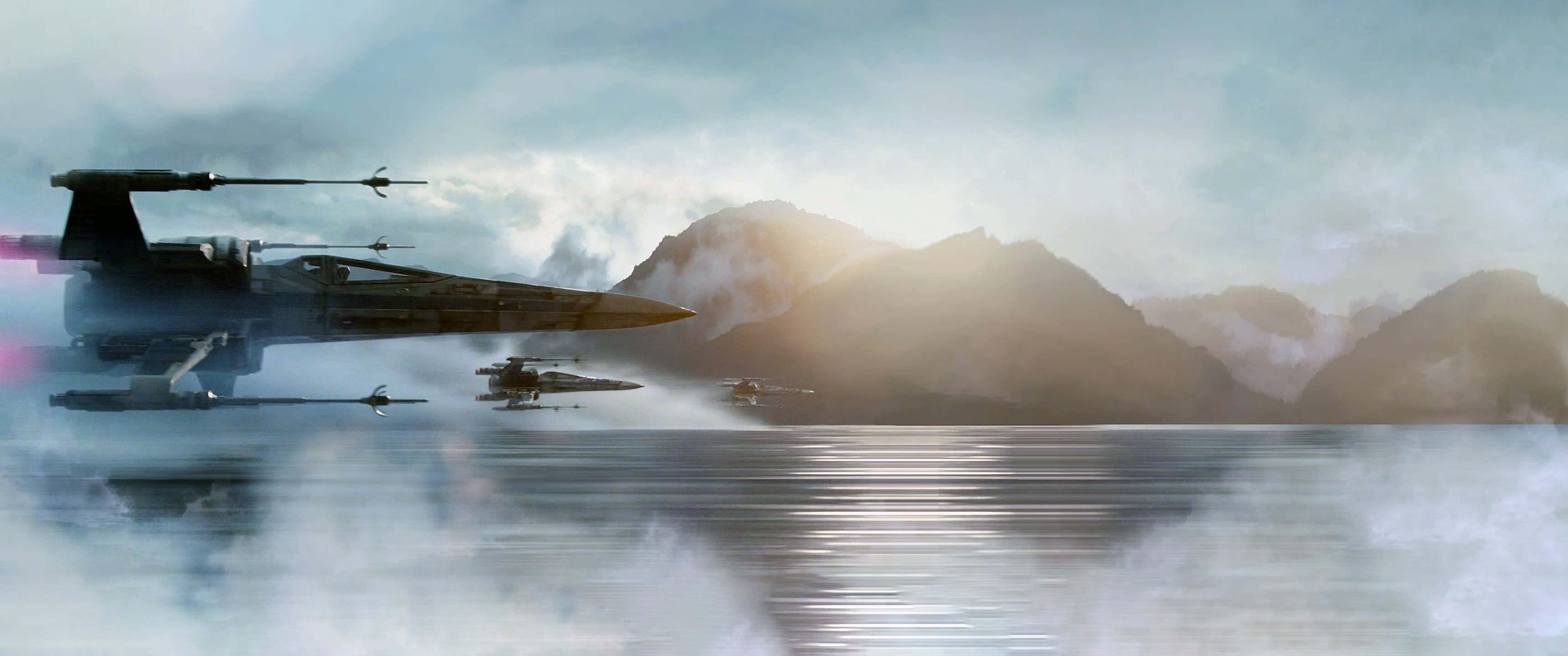 X-wing Fighter, misty water, mountain peaks, 2K Desktop Wallpaper