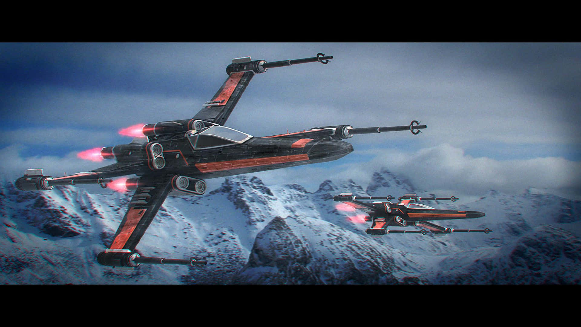 X-wing Fighter, glowing red engines, snow-capped mountain peaks, Full HD Desktop Wallpaper
