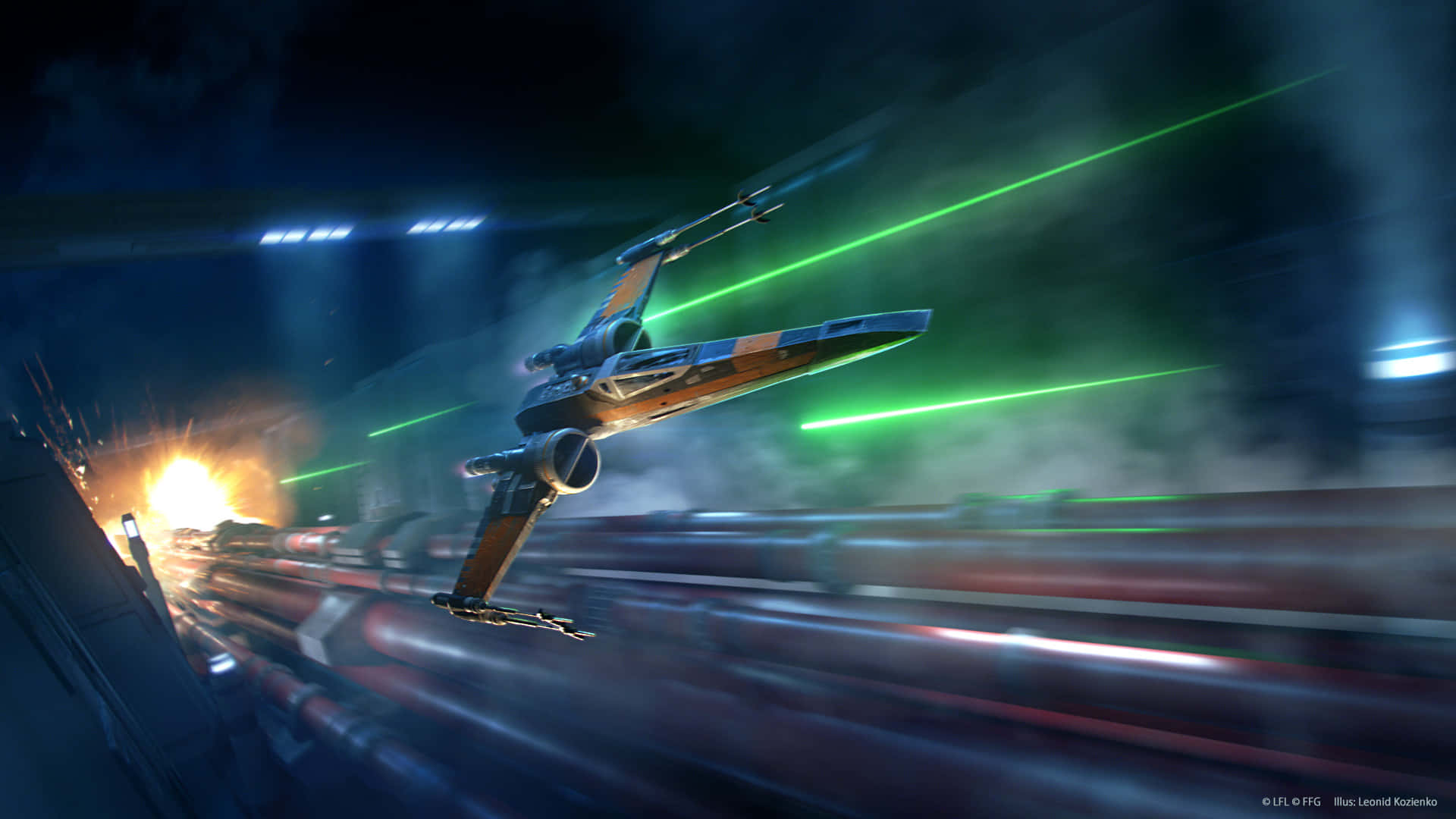X-wing Fighter, green lasers, dark tunnel, Full HD Desktop Wallpaper