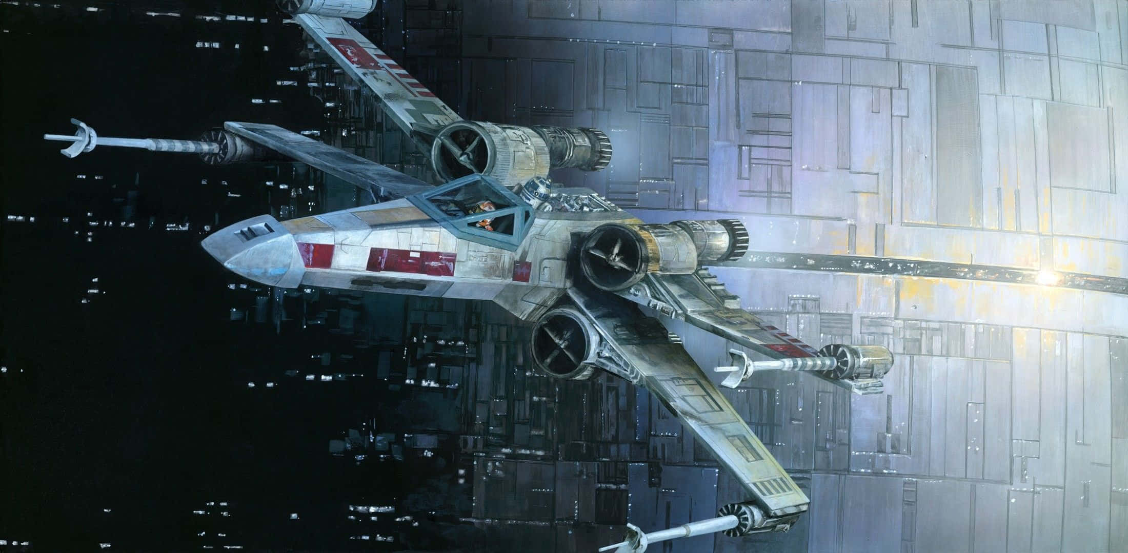 X-wing Fighter, metallic space station corridor, dim artificial lighting, Full HD Desktop Wallpaper