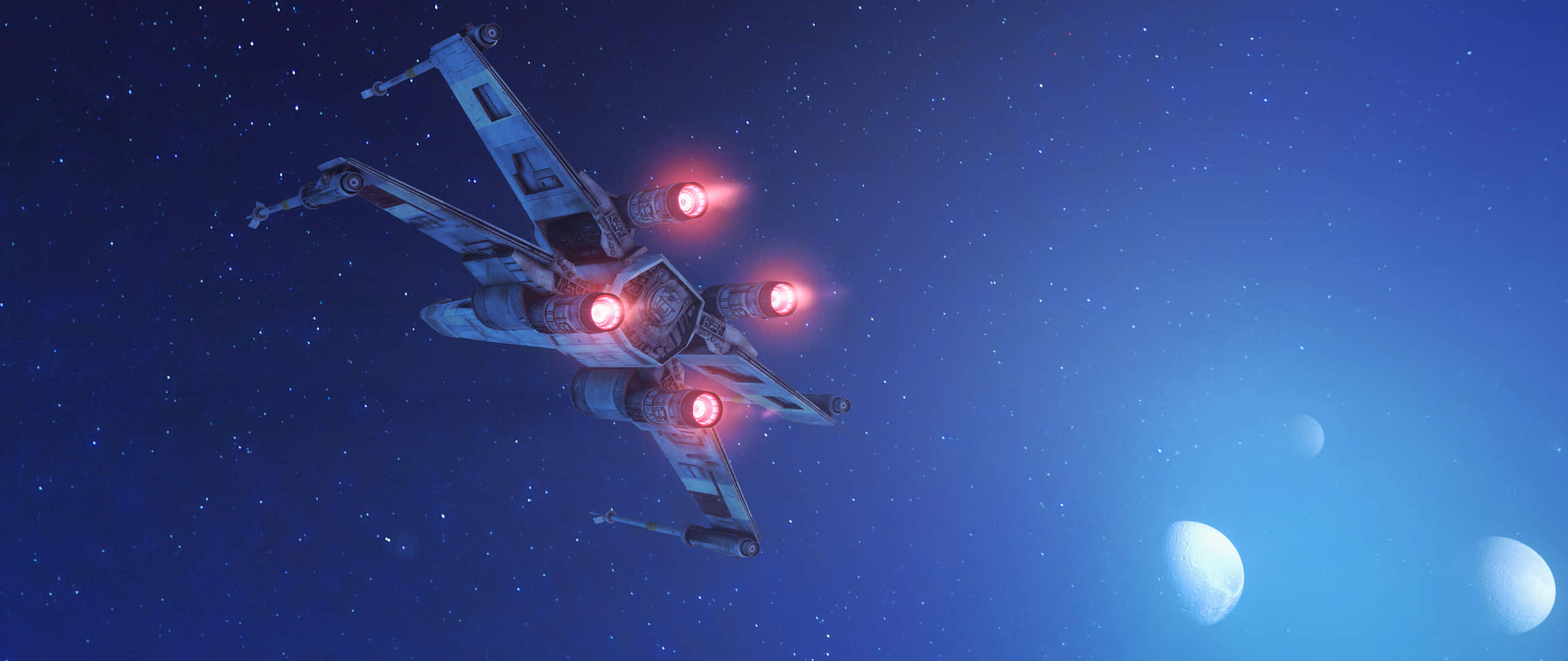 X-Wing fighter, red engines, starry blue space, 2K Desktop Wallpaper