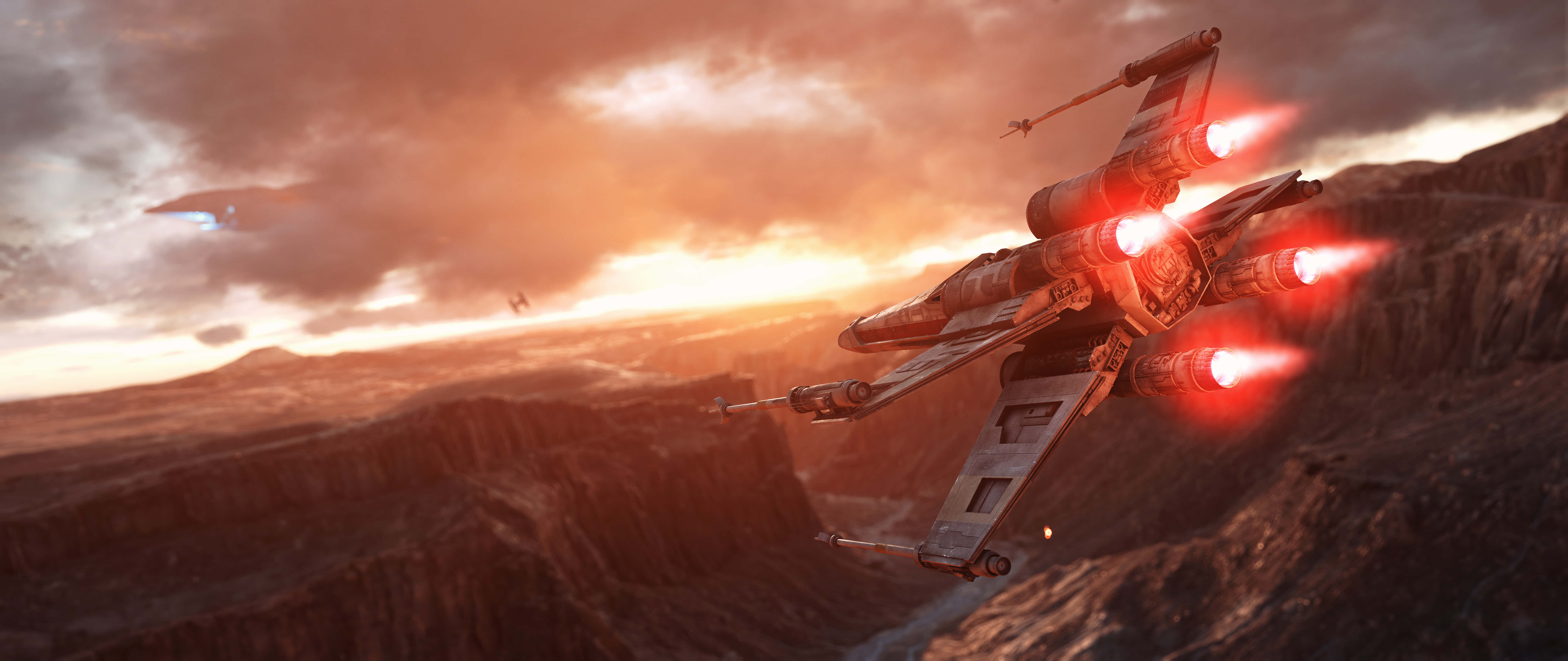 X-wing Fighter, red engines, sunset, 8K Desktop Wallpaper