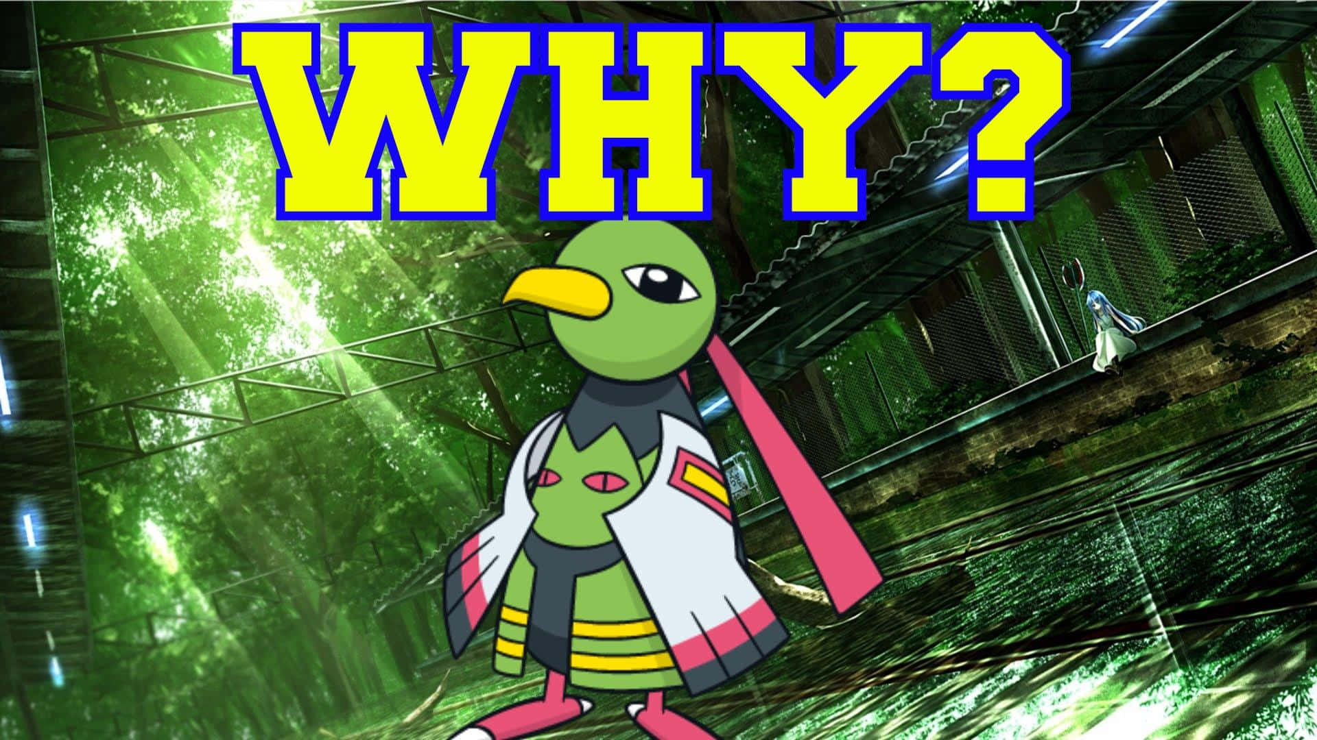 Xatu, green bird-like Pokémon, mossy forest, Full HD Desktop Wallpaper
