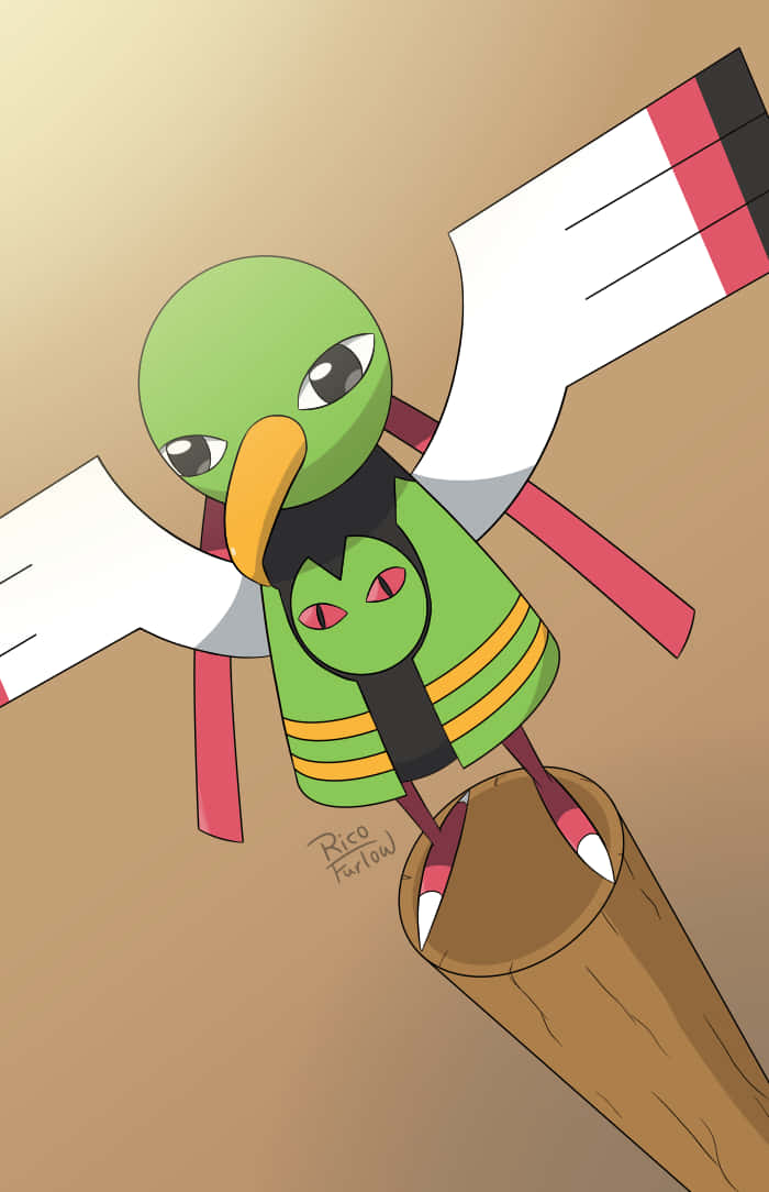 Xatu, green cartoon bird, yellow beak, SD Phone Wallpaper