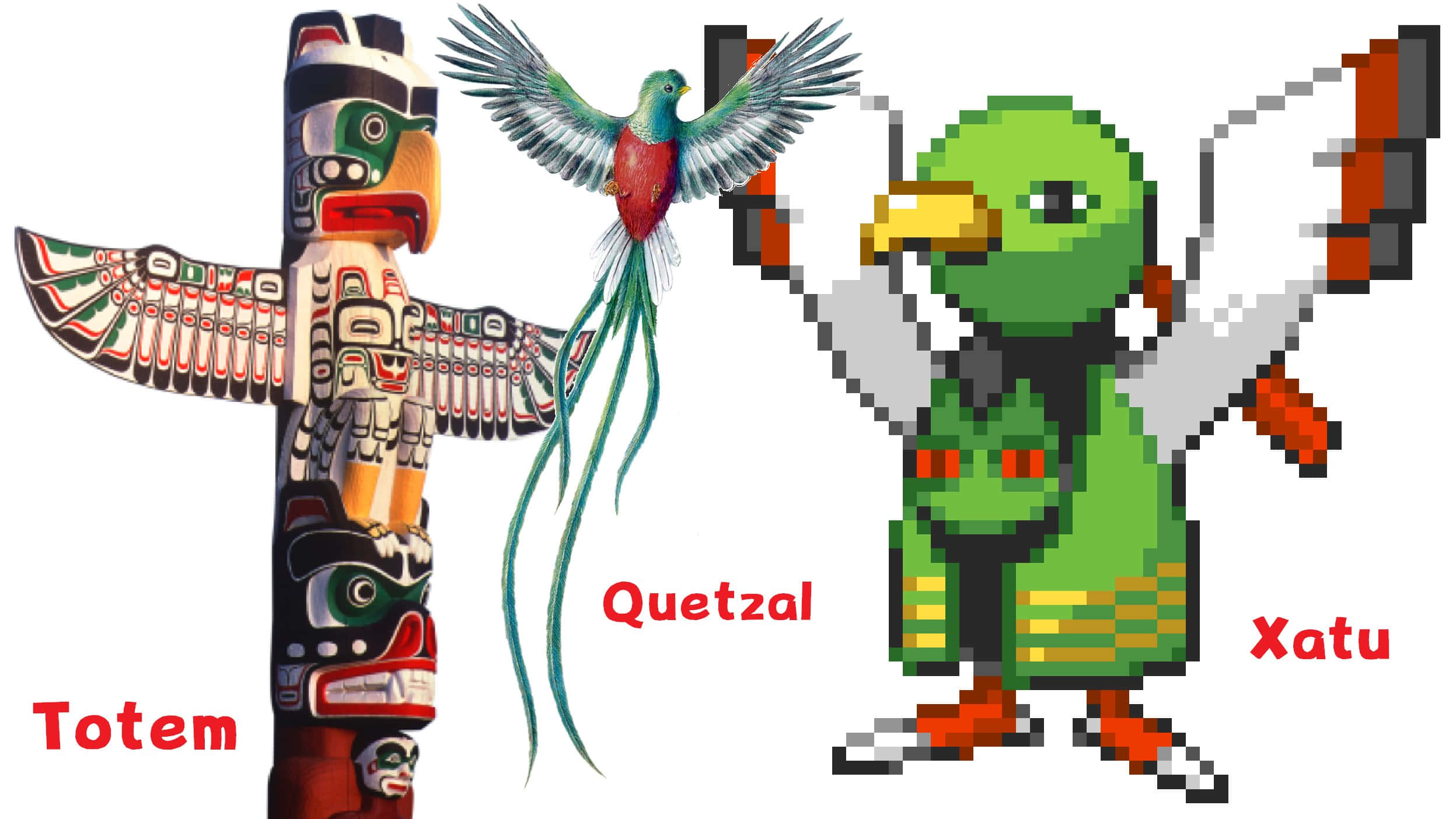 Xatu, pixelated green bird character, totem pole, Full HD Desktop Wallpaper