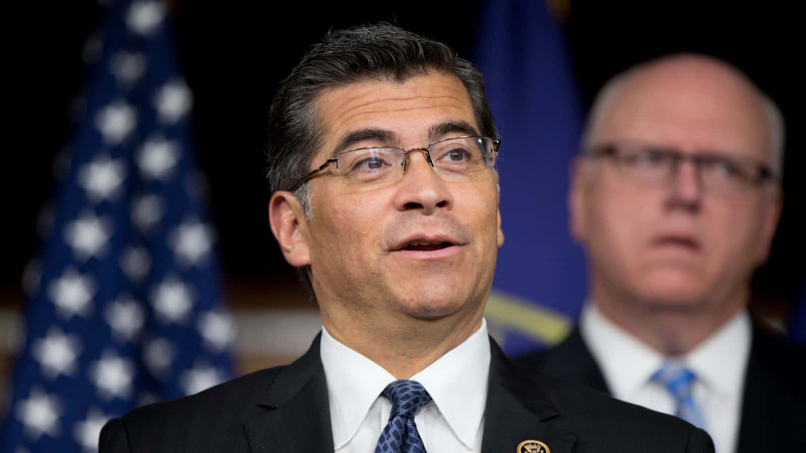 Xavier Becerra, press conference, American flags, HD Desktop Wallpaper
