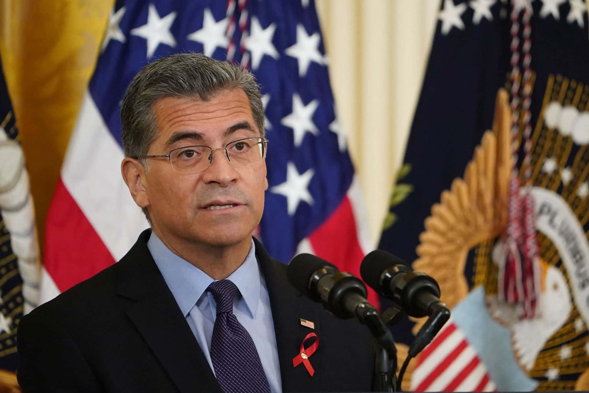 Xavier Becerra, American flags, presidential seal, Full HD Desktop Wallpaper