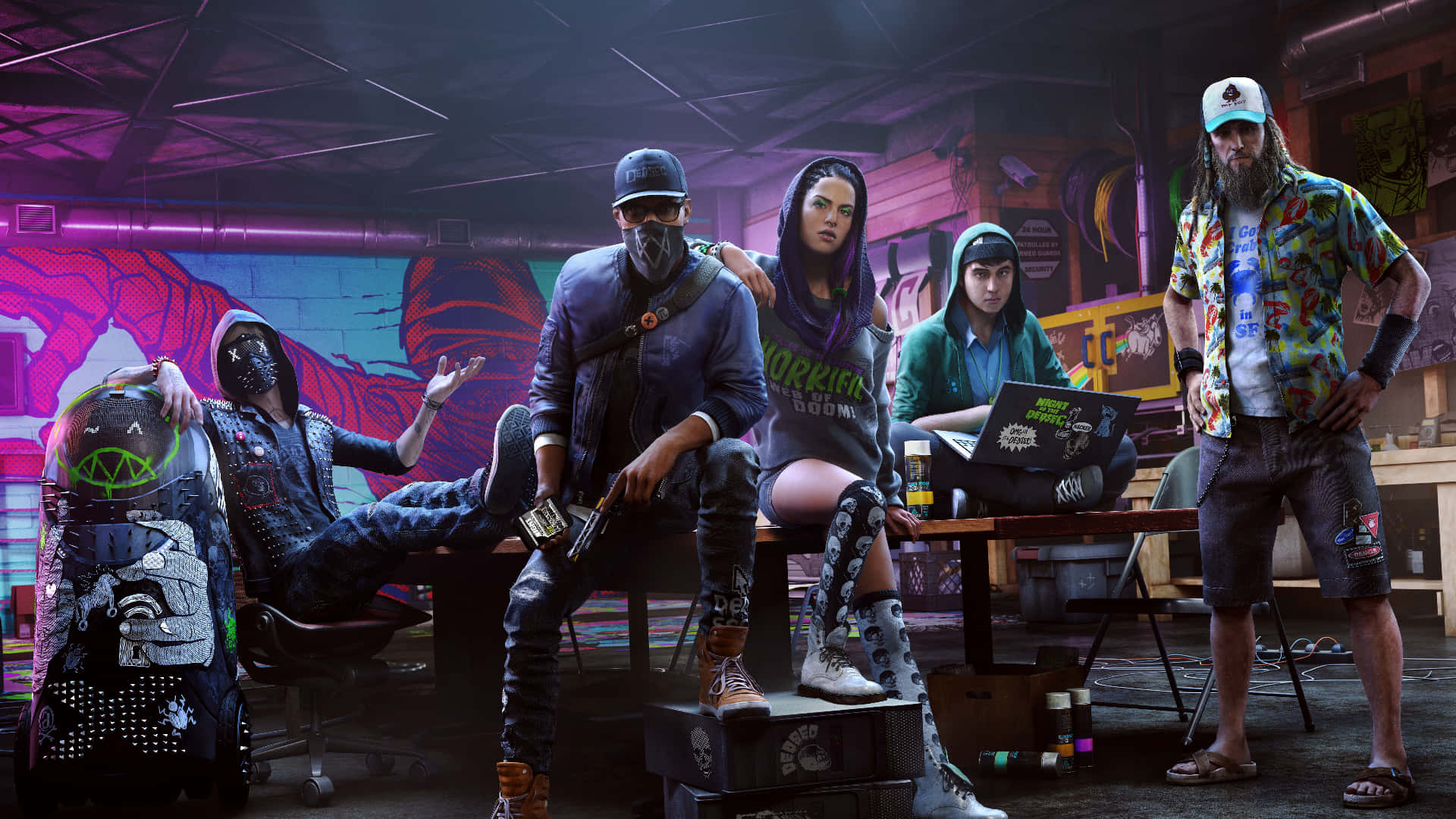 Xbox Games, neon-lit garage, graffiti walls, Full HD Desktop Wallpaper
