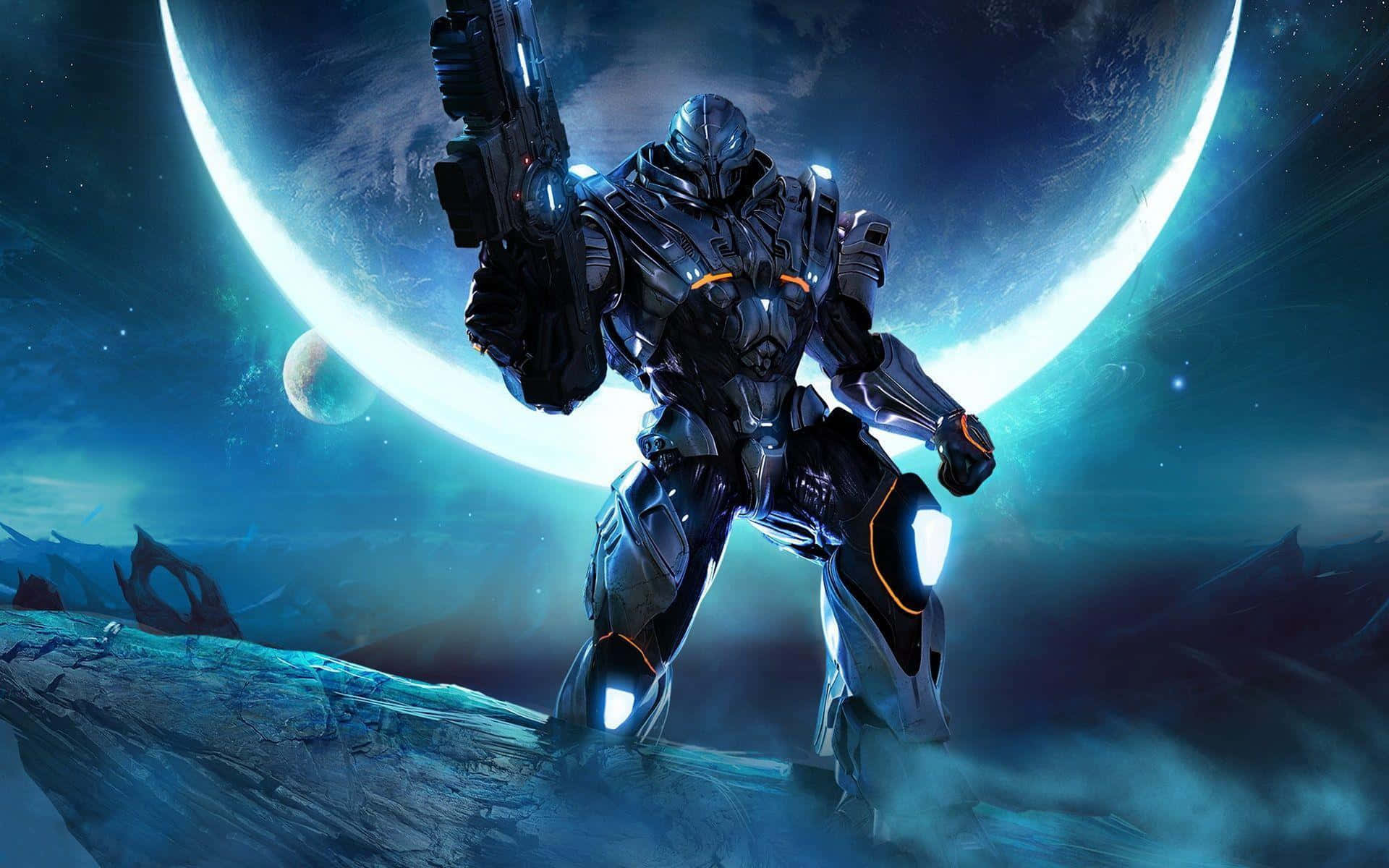 Xbox Games, futuristic armored warrior, glowing crescent moon, Full HD Desktop Wallpaper