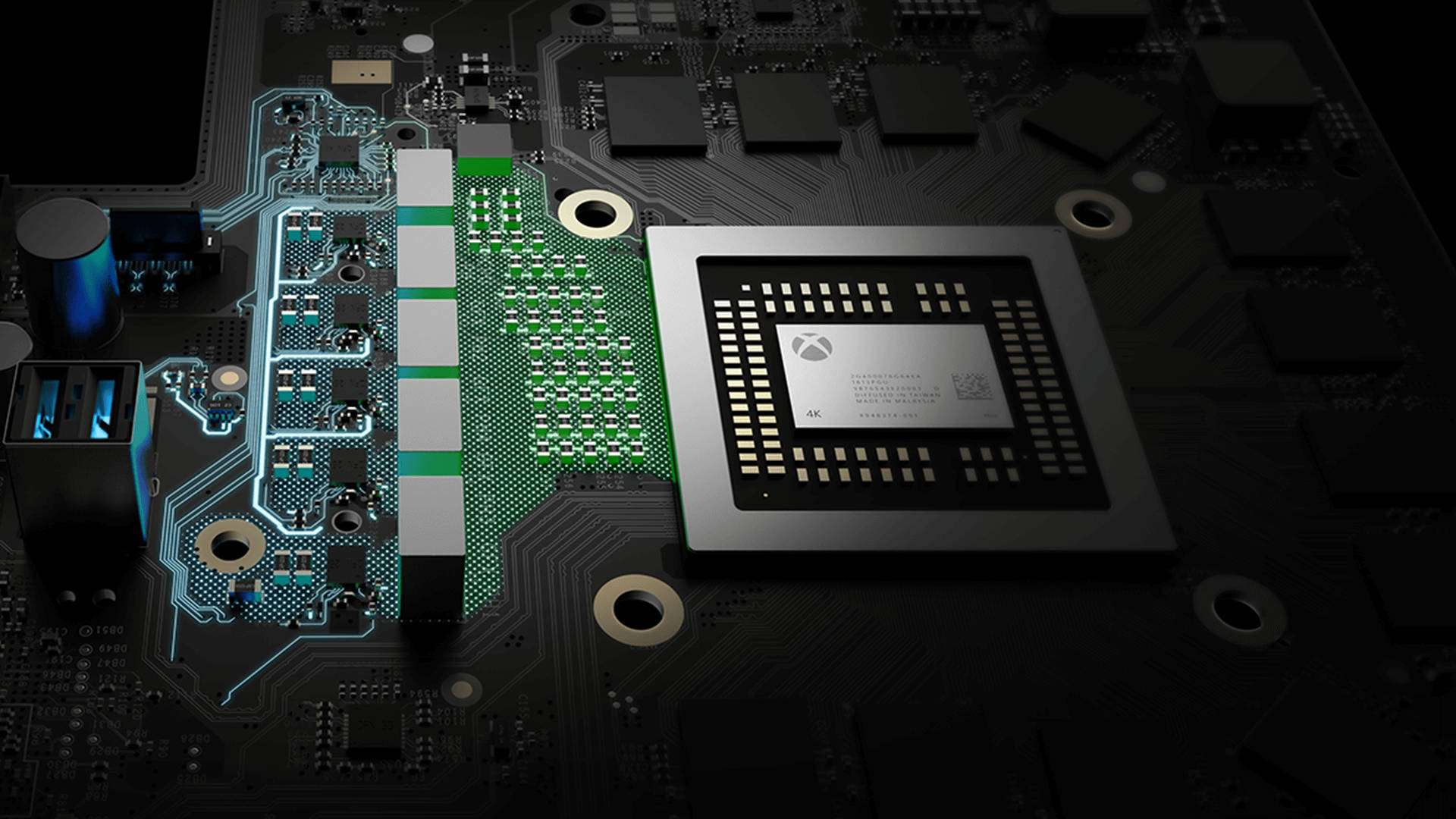 Xbox One X, motherboard, green chip, Full HD Desktop Wallpaper