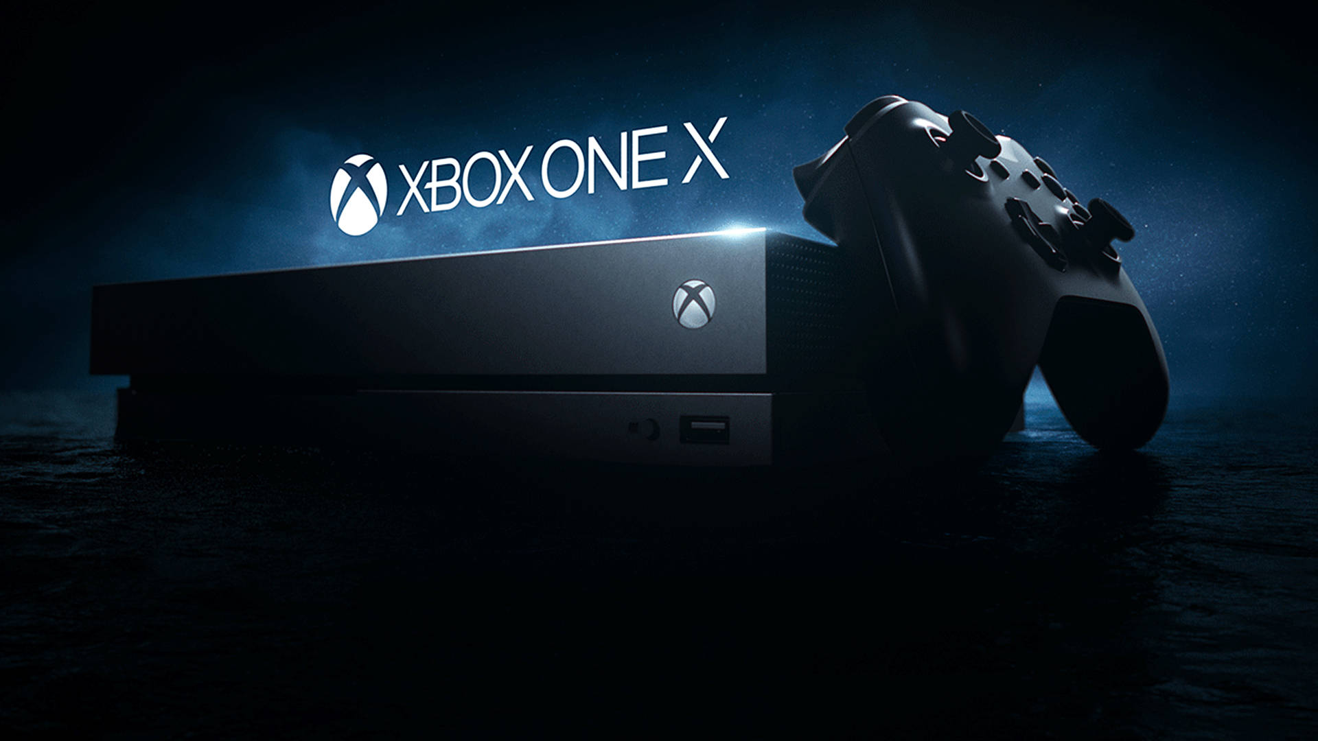 Xbox One X, blue lighting, dark watery surface, Full HD Desktop Wallpaper