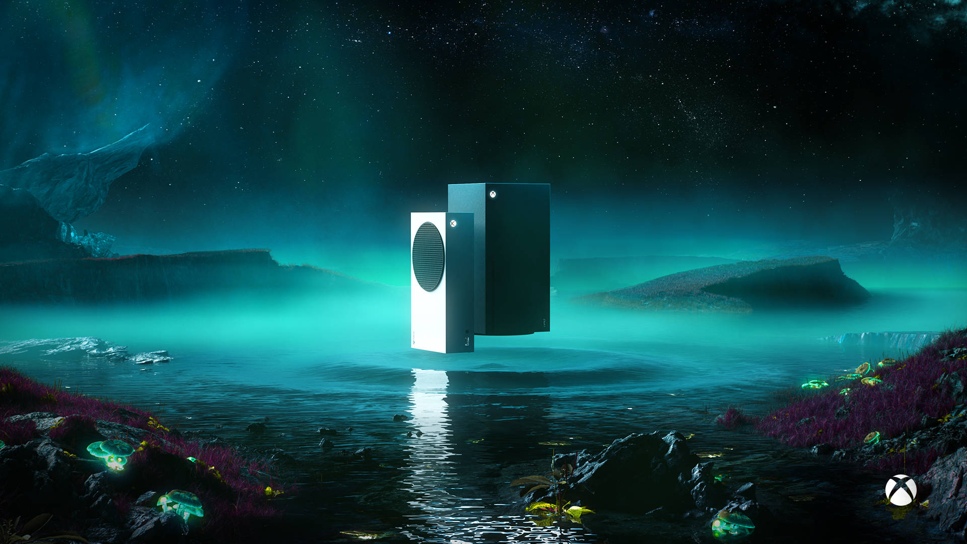 Xbox Series X, glowing alien waters, starry teal sky, Full HD Desktop Wallpaper