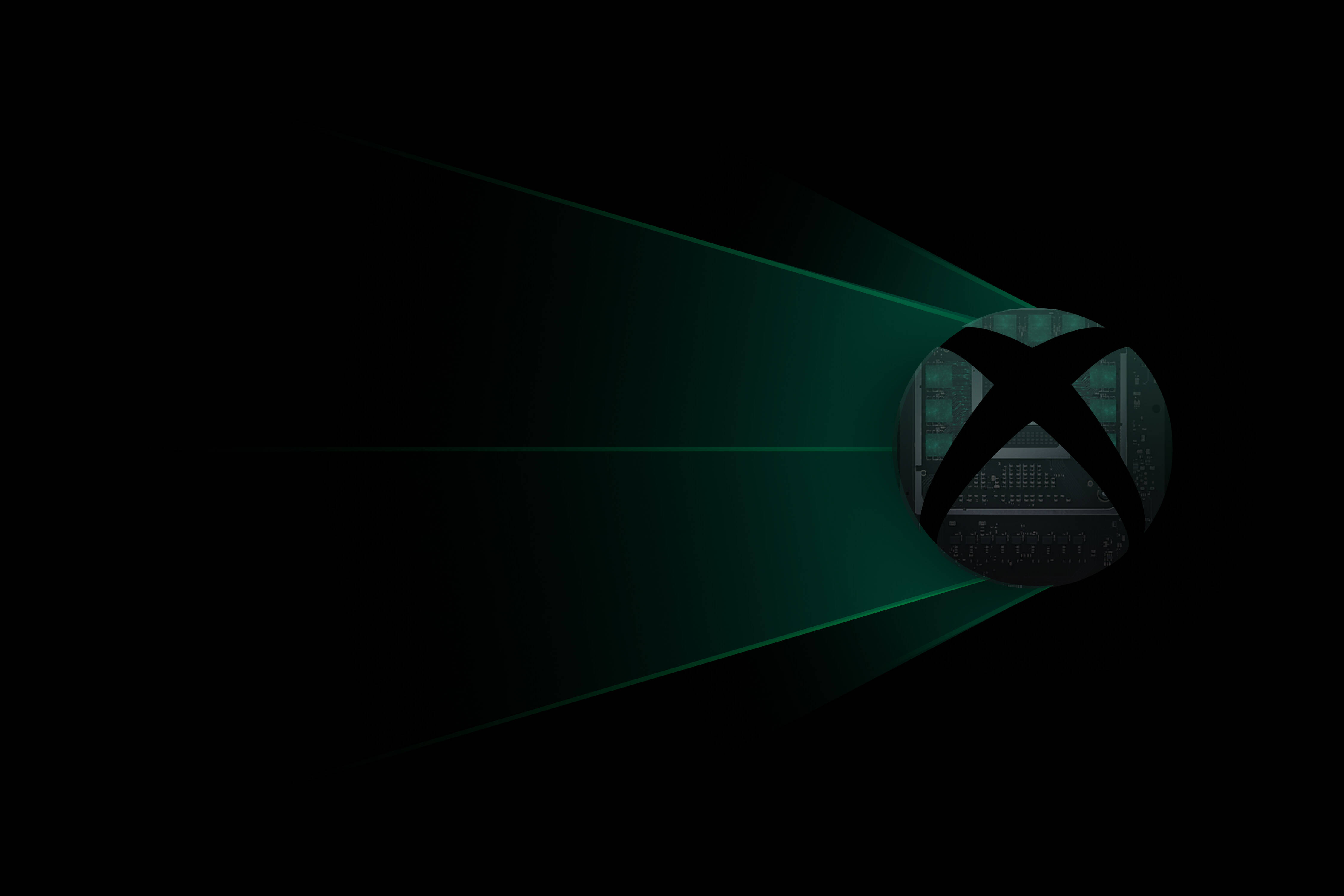 Xbox Series X, glowing green Xbox logo, radiant beams, 4K Desktop Wallpaper
