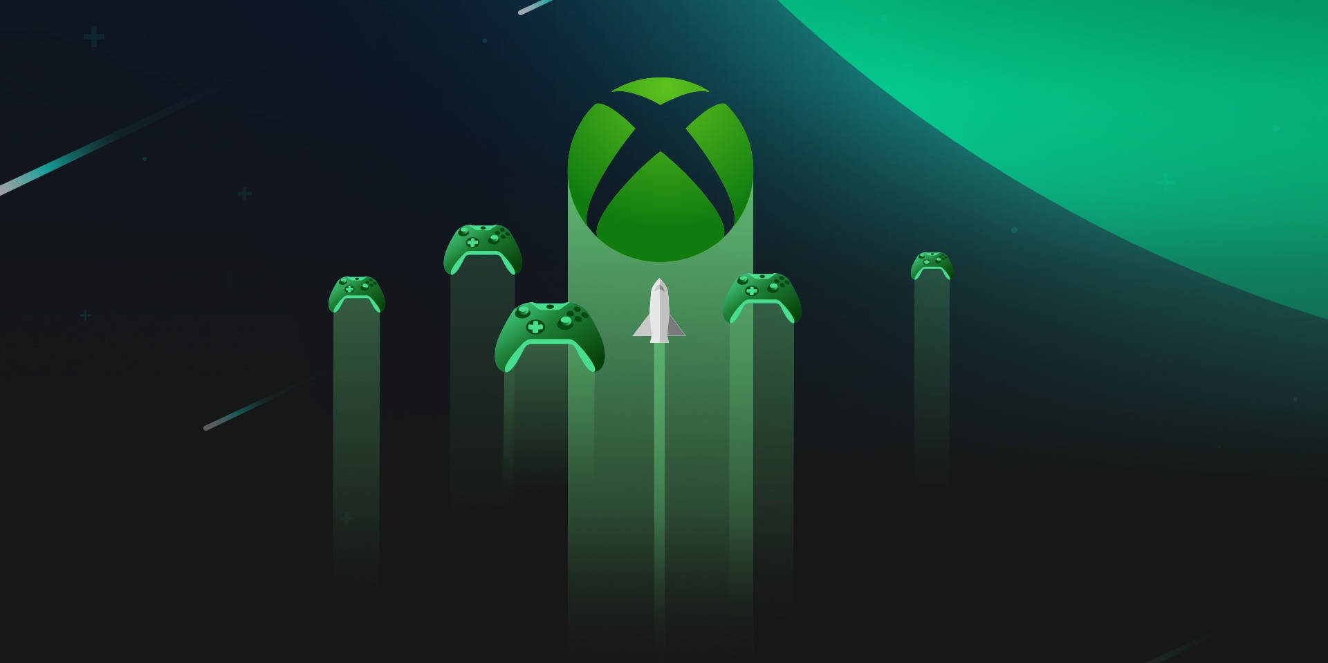 Xbox Series X, glowing green Xbox logo, controllers, Full HD Desktop Wallpaper