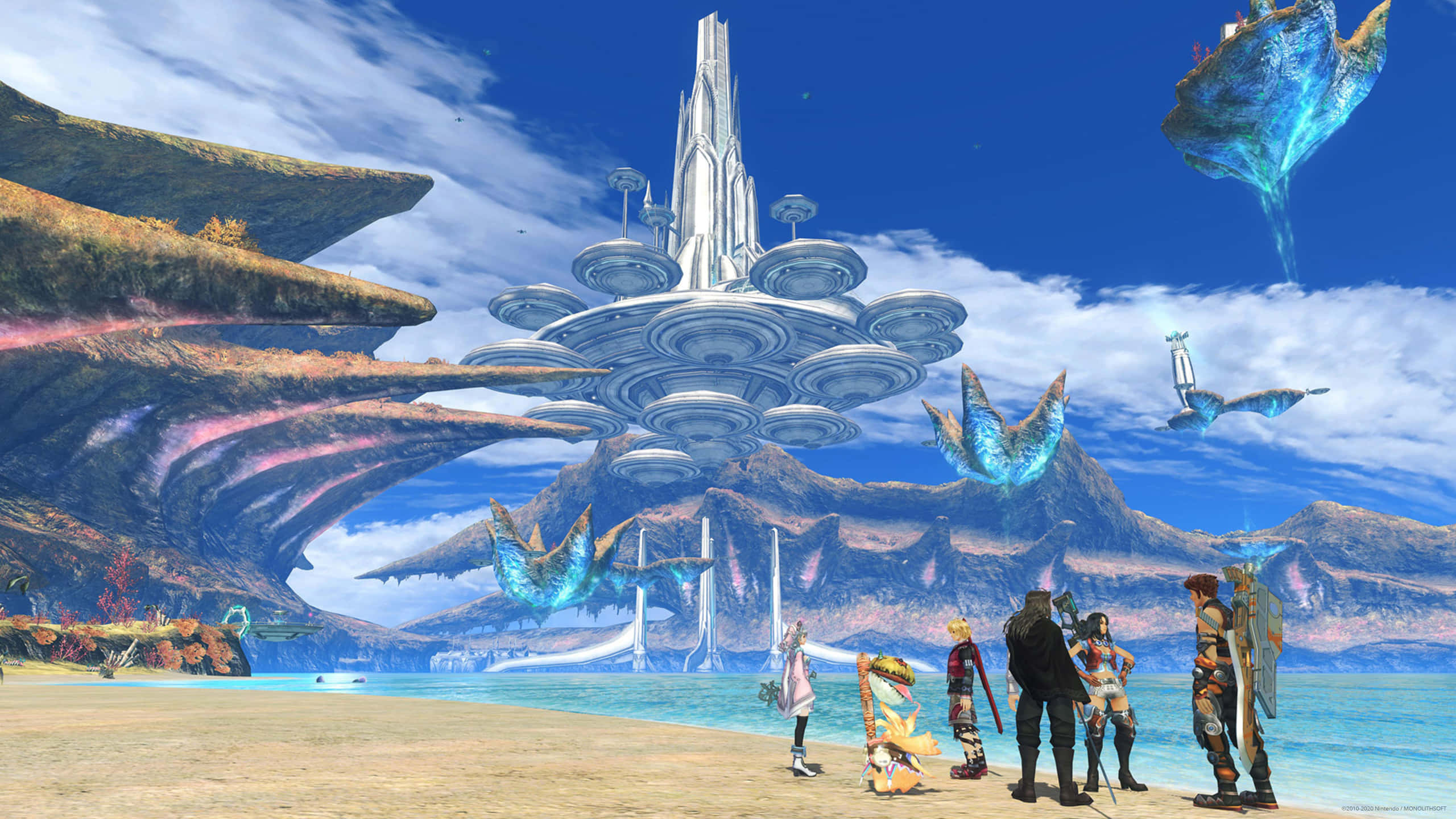 Xenoblade, crystalline structure, glowing blue creatures, 2K Desktop Wallpaper