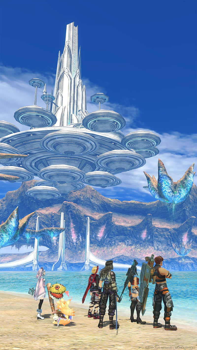 Xenoblade, futuristic city, jagged mountains, HD Phone Wallpaper