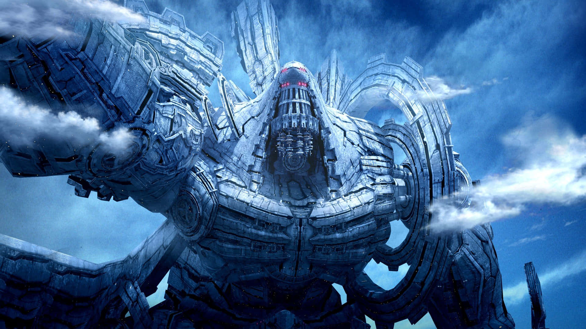 Xenoblade, colossal metallic robot, glowing red eyes, Full HD Desktop Wallpaper