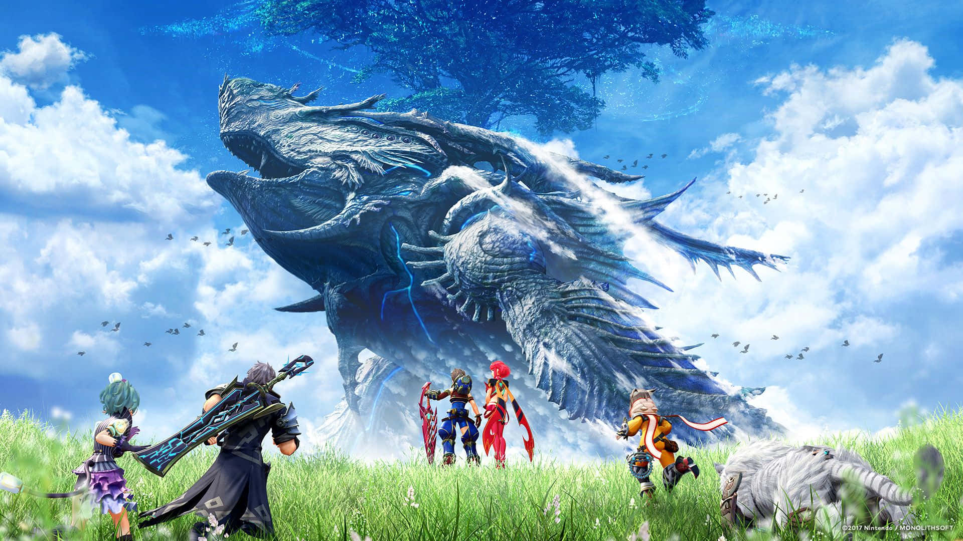 Xenoblade, blue-scaled dragon, grassy field, Full HD Desktop Wallpaper
