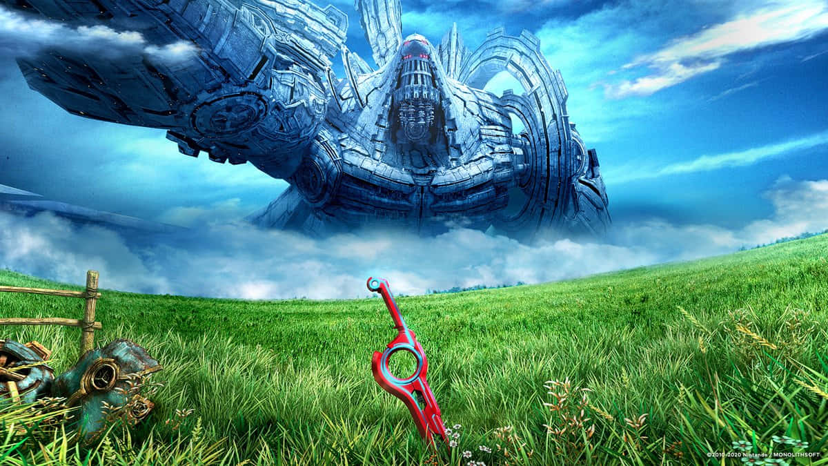Xenoblade, colossal futuristic spaceship, vibrant green field, SD Desktop Wallpaper