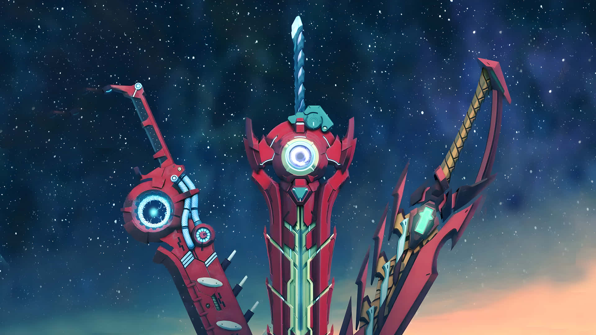 Xenoblade, red sci-fi weapons, glowing blue cores, Full HD Desktop Wallpaper