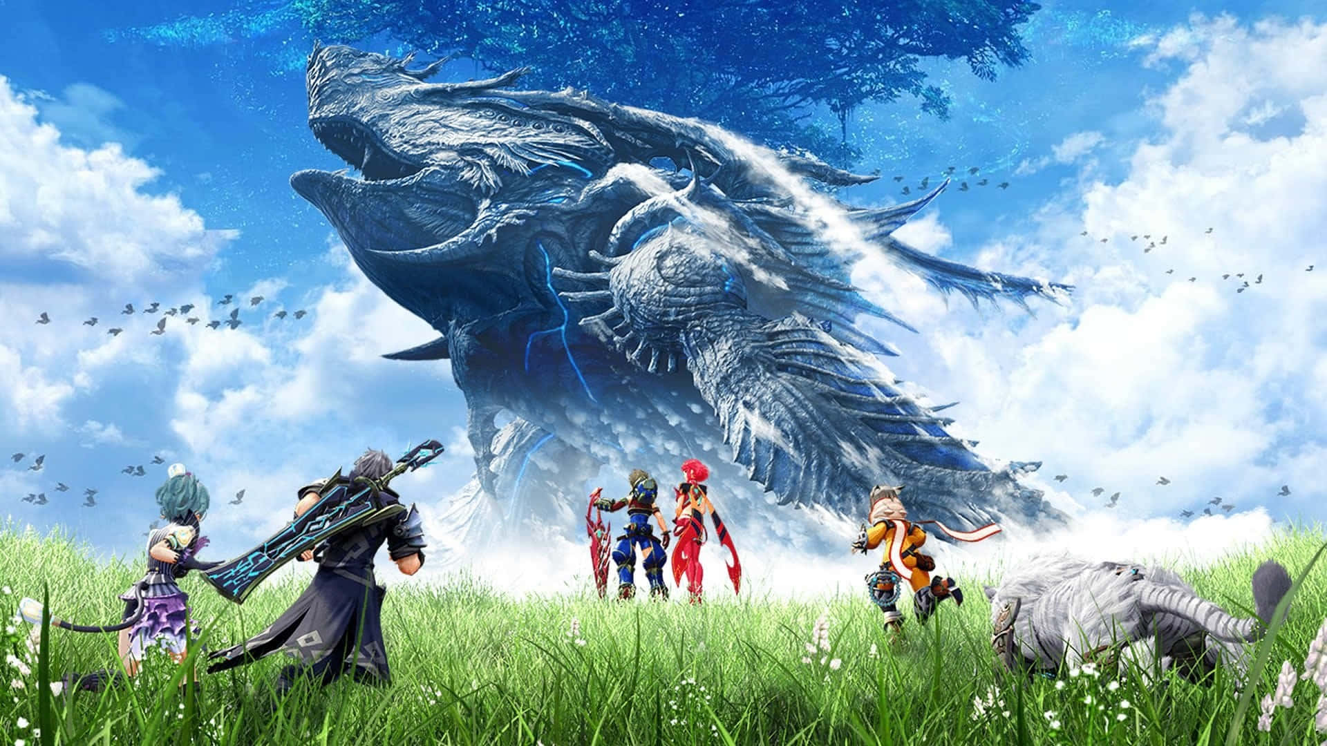 Xenoblade, colossal dragon, sunlit meadow, Full HD Desktop Wallpaper