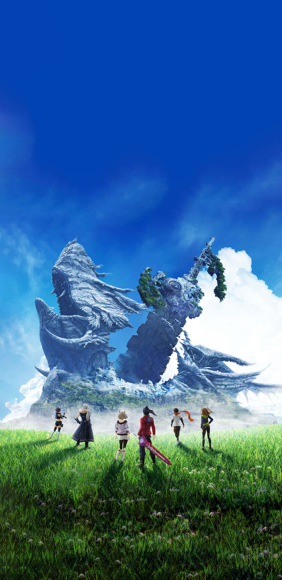 Xenoblade, colossal icy dragon statue, vibrant green field, Full HD Phone Wallpaper