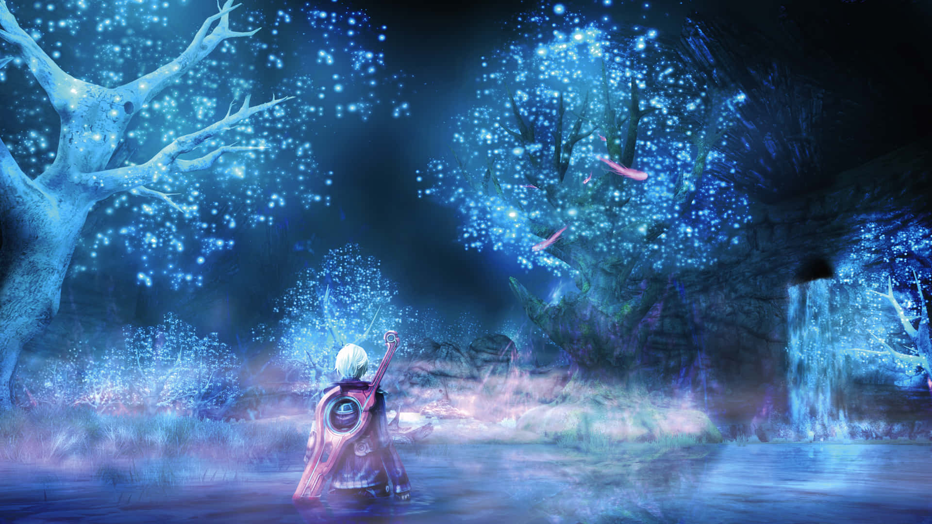 Xenoblade, white-haired figure, glowing blue water, Full HD Desktop Wallpaper