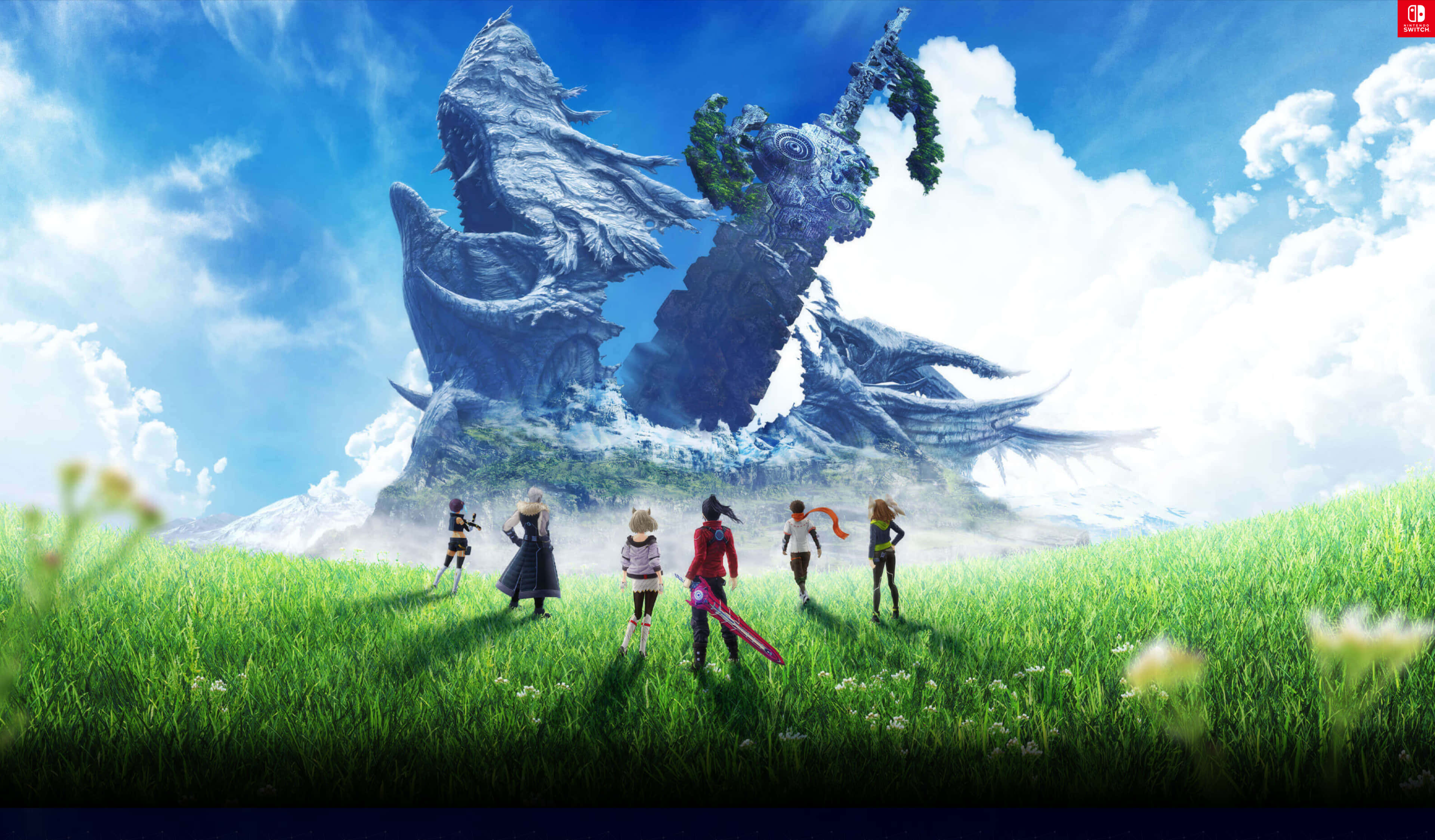 Xenoblade, colossal icy dragon statue, vibrant green field, 4K Desktop Wallpaper