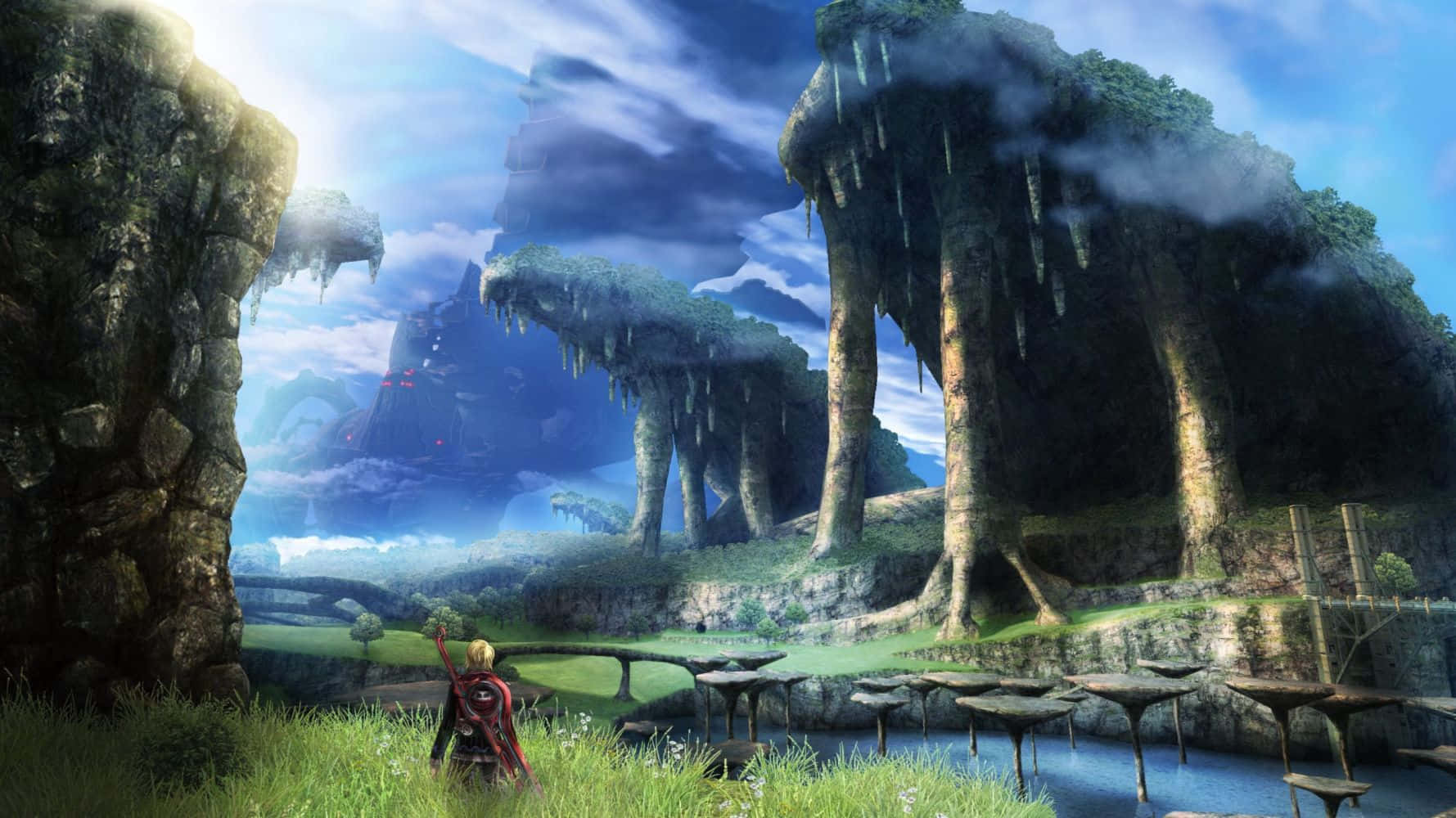 Xenoblade, fantasy valley, colossal floating rock formations, HD Desktop Wallpaper