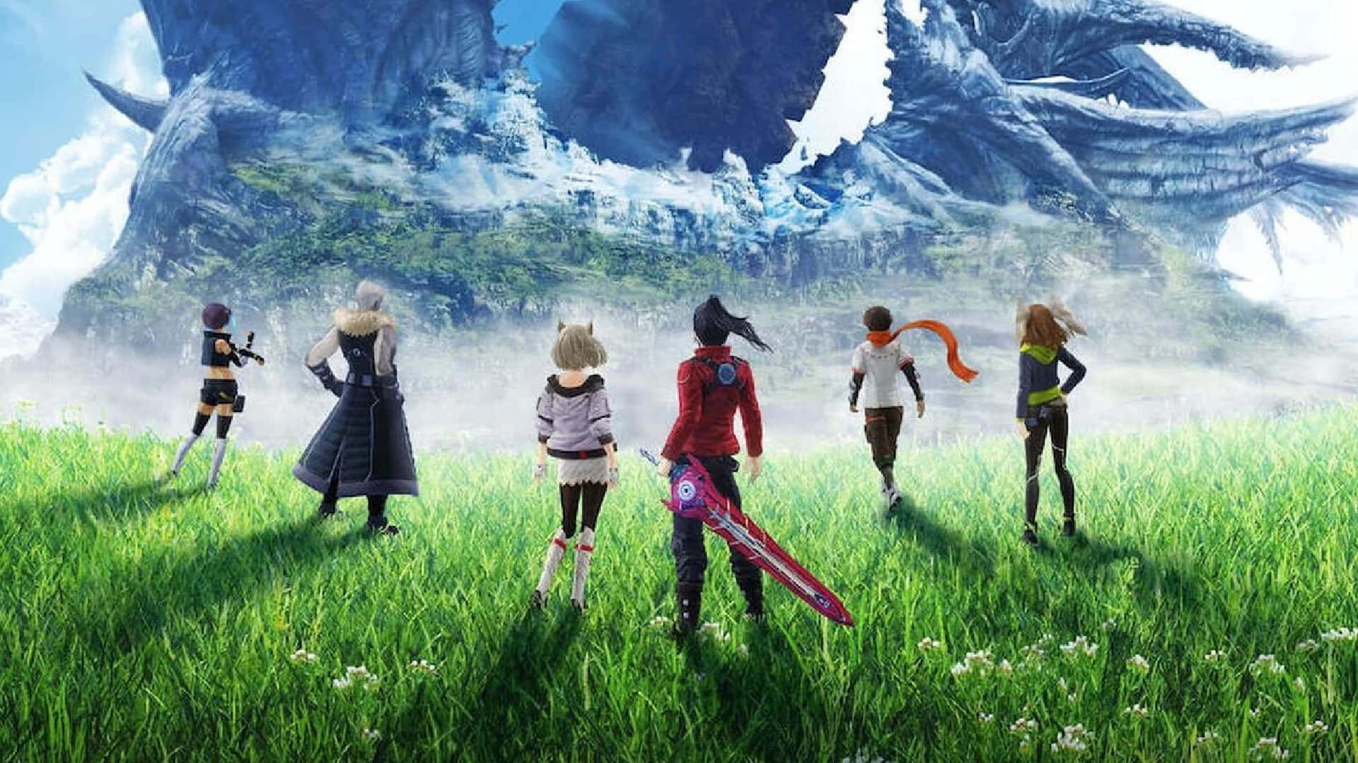 Xenoblade, anime characters, colossal dragon-shaped mountain, Full HD Desktop Wallpaper
