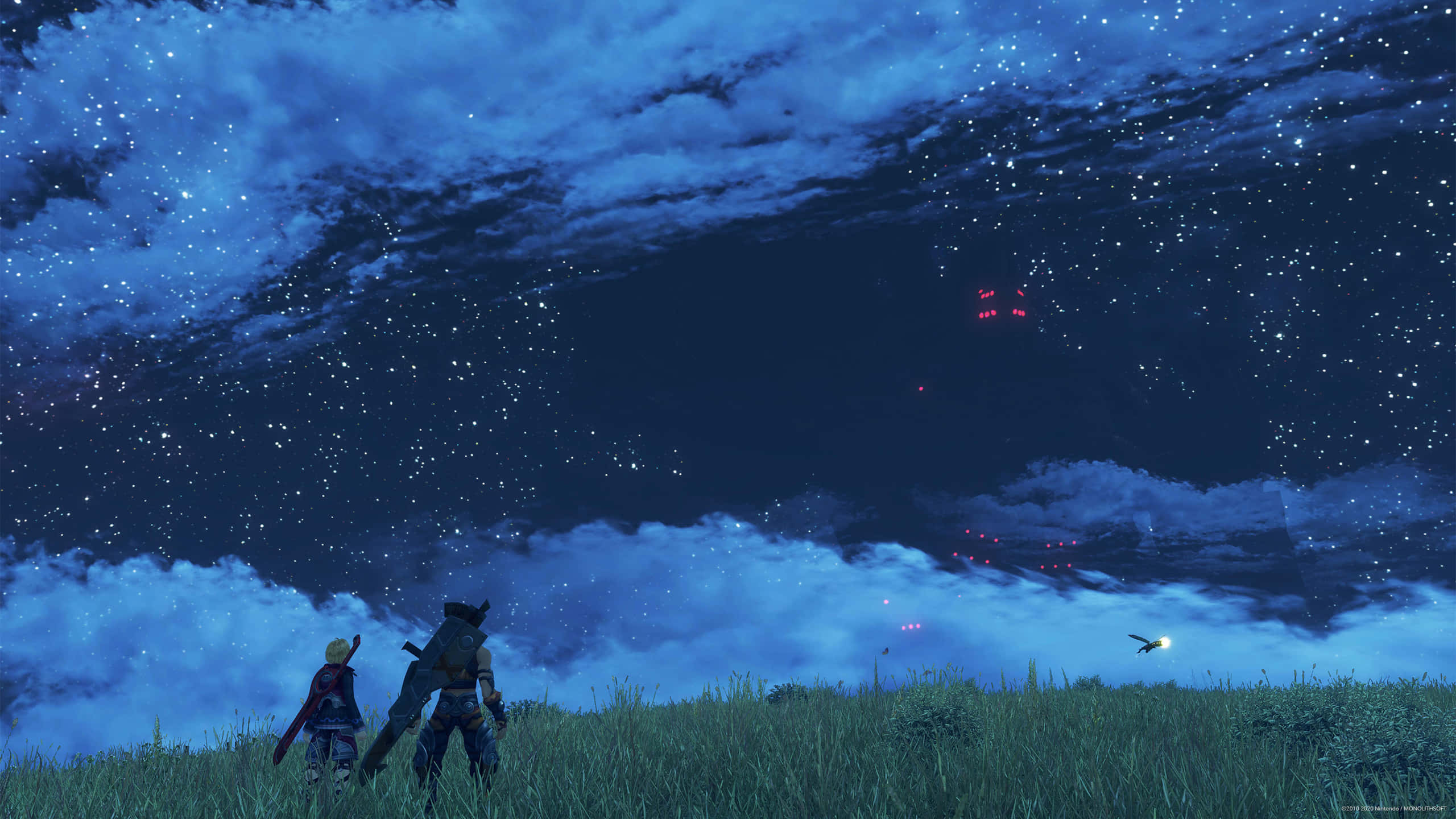 Xenoblade, starry night sky, glowing red airships, 2K Desktop Wallpaper
