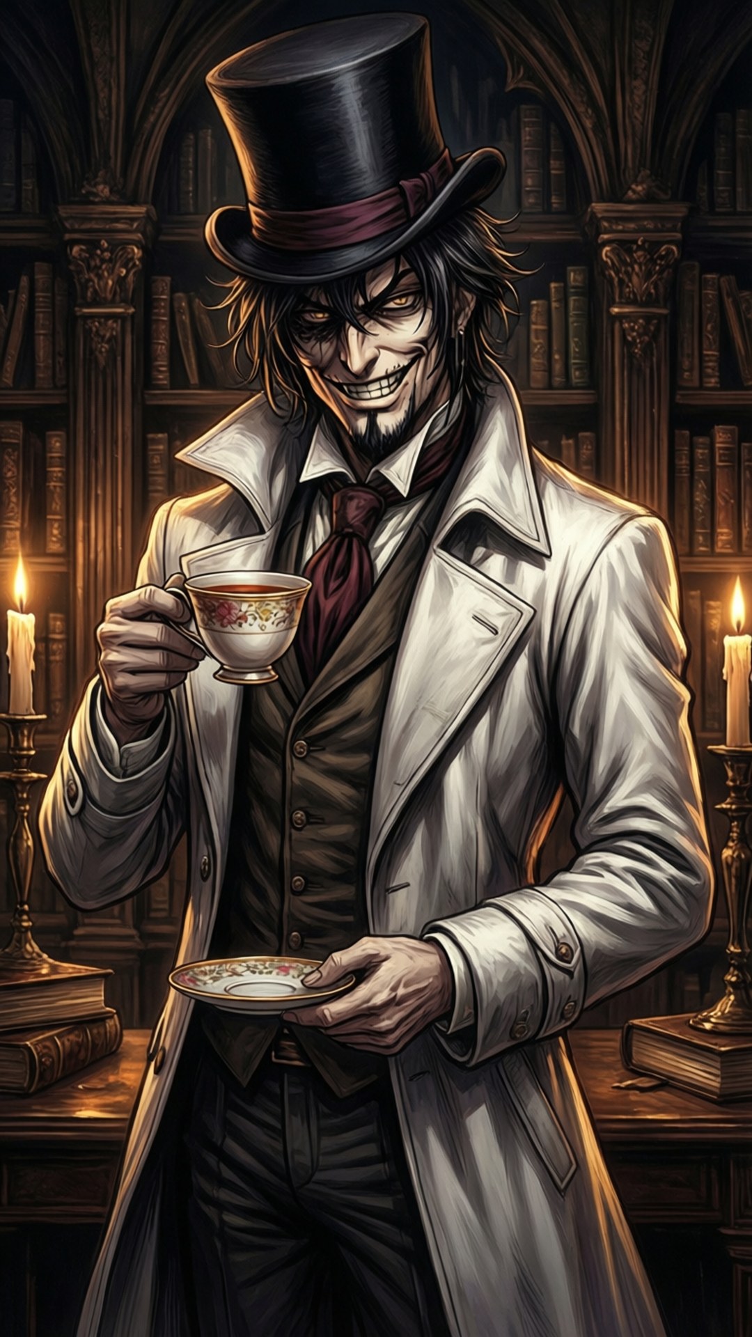 Xerxes Break, gothic library, cup of tea, Full HD Phone Wallpaper