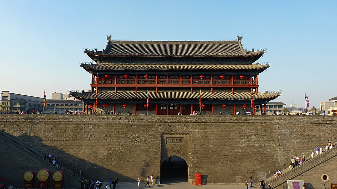 Xian, stone wall gate, red lanterns, HD Desktop Wallpaper